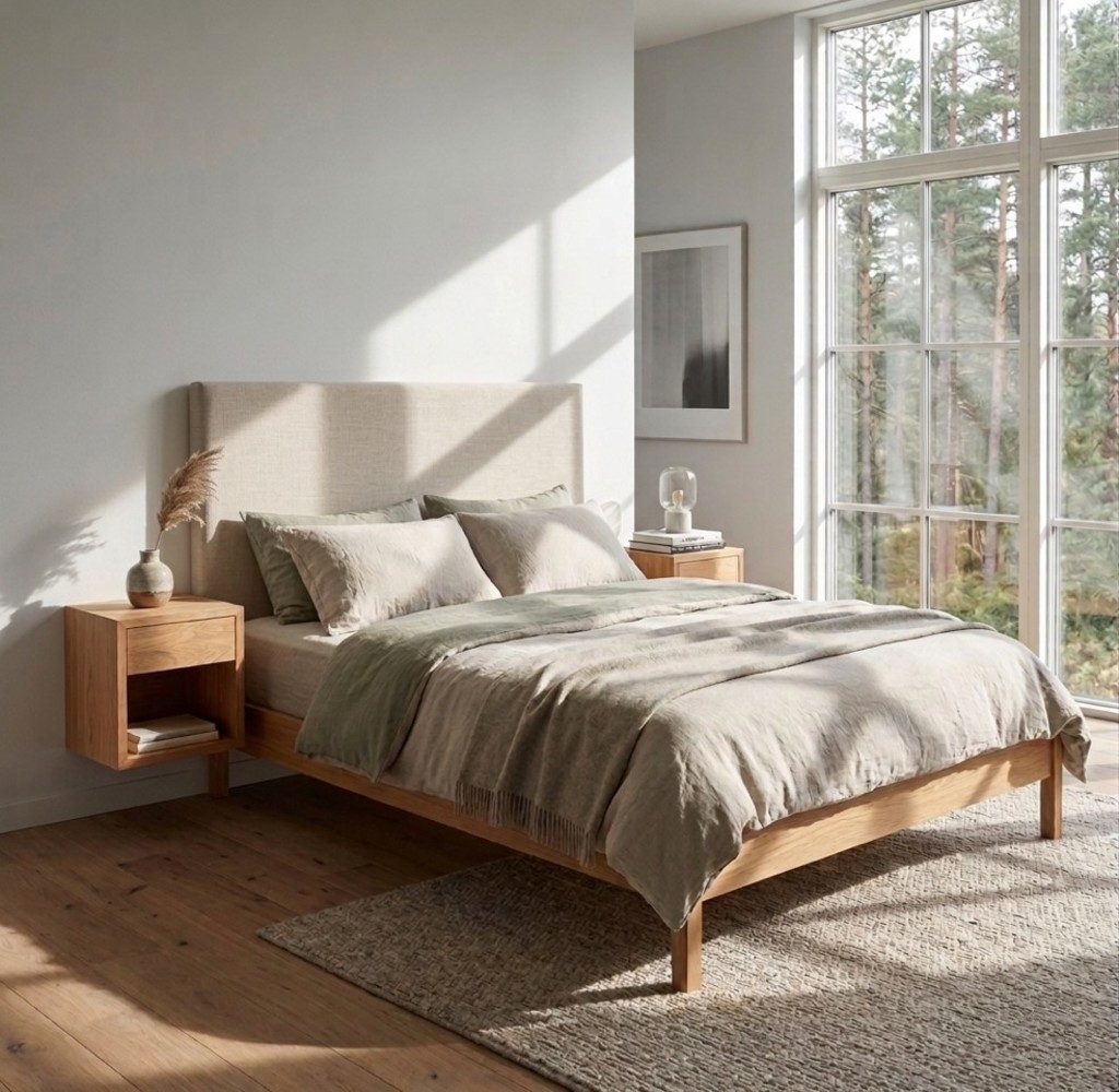 Woodek Design Nachttisch HUGO, elegantes Wandregal im skandinavischem Design H39 x B39 x T30cm (Ablagetisch aus matt lackiertem massivem Eichenholz, 1-St., schwebender Wandschrank), Nachtkommode mit Schublade und Ablage