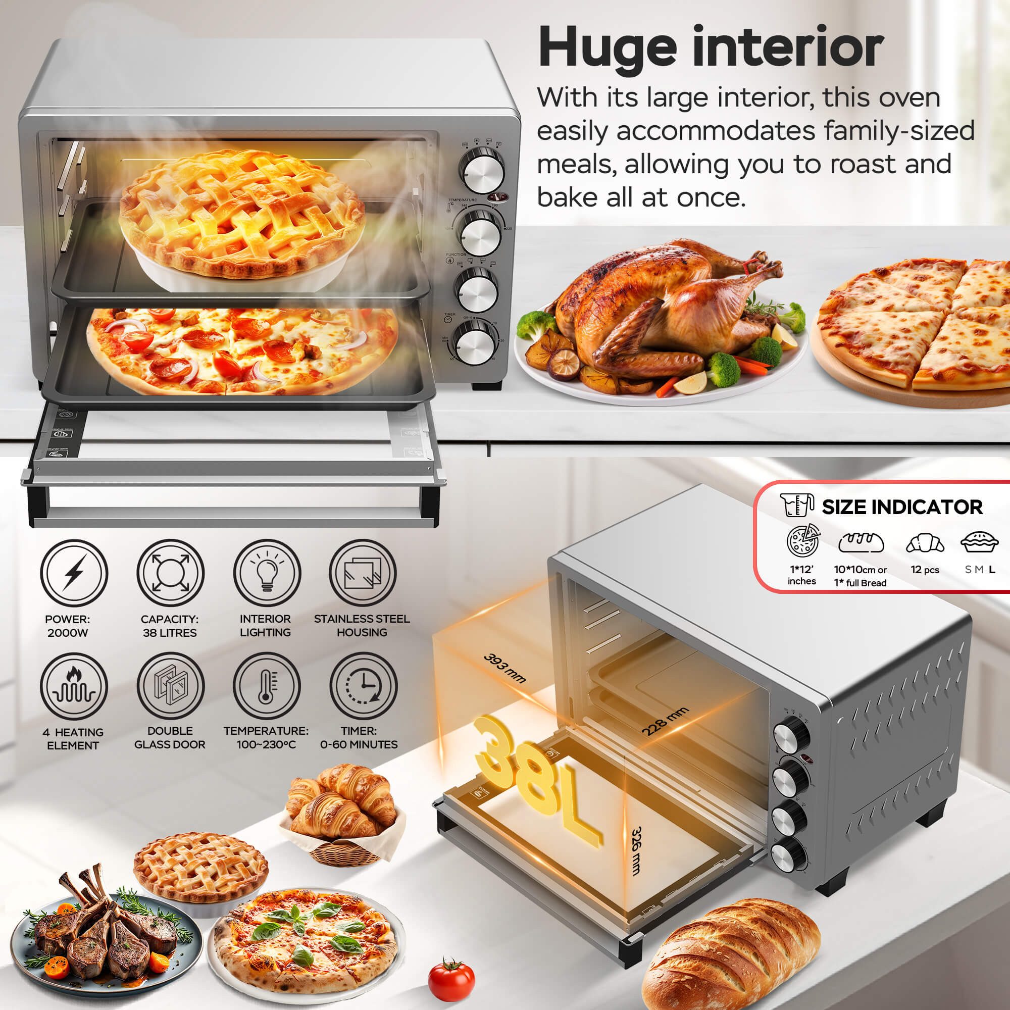 TurboTronic by Z-Line Minibackofen 2000 W 38 l Mini Backofen mit Umluft Drehspieß Grill Pizzaofen Timer, Tischbackofen mit Umluft, kleiner Backofen, Mini Ofen, freistehend