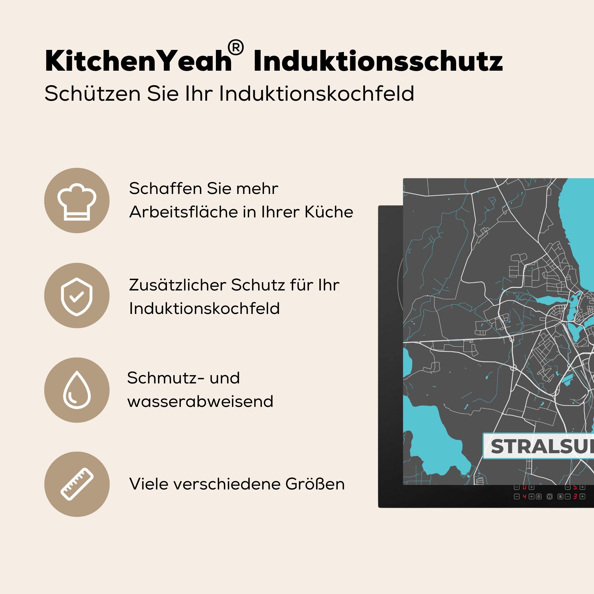 Arbeitsplatte Deutschland Blau Karte (1 Stadtplan MuchoWow - küche Stralsund, - - Herdblende-/Abdeckplatte Gold cm, für 78x78 Vinyl, Ceranfeldabdeckung, - tlg), -