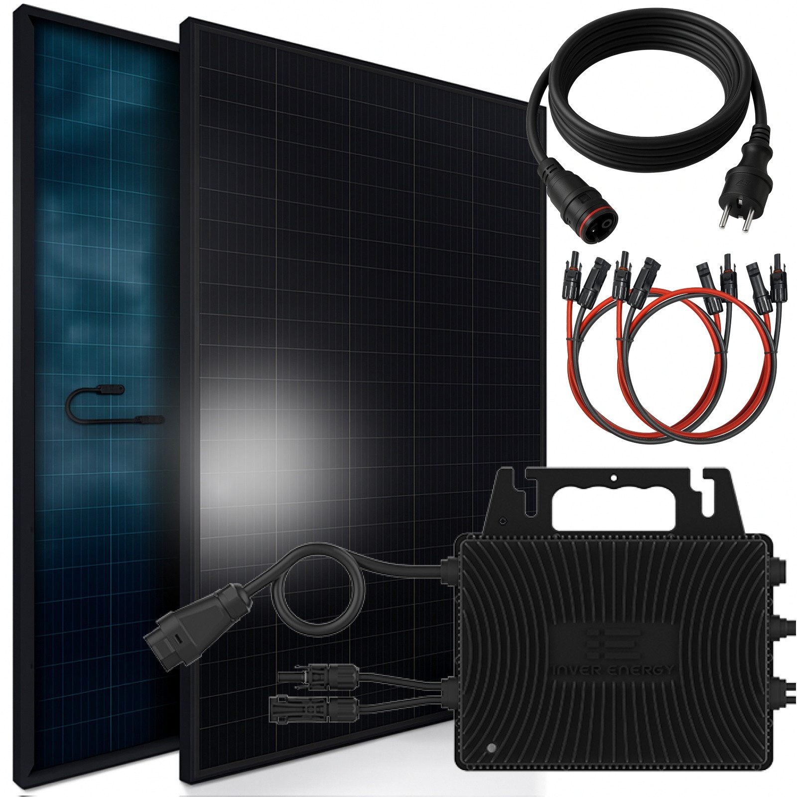 SUNNIVA Balkonkraftwerk 920W Balkonkraftwerk BIFAZIAL FULLBLACK komplett Steckdose, (INVER ENERGY 800W Wechselrichter, PV Solaranlage, 2x 460W Glas-Glas Solarmodule, inkl. 5m Kabel, Bluetooth WIFI, Komplettset)