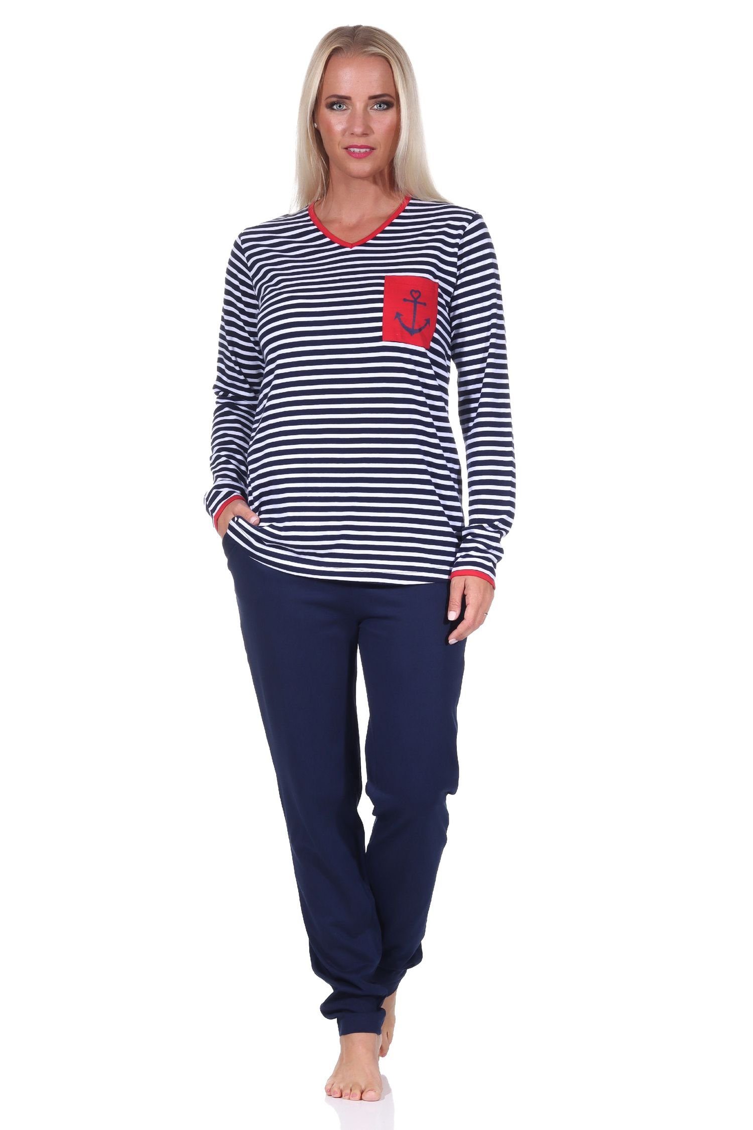 Normann Pyjama Damen Streifenoptik Anker und Motiv als maritimer Schlafanzug marine in