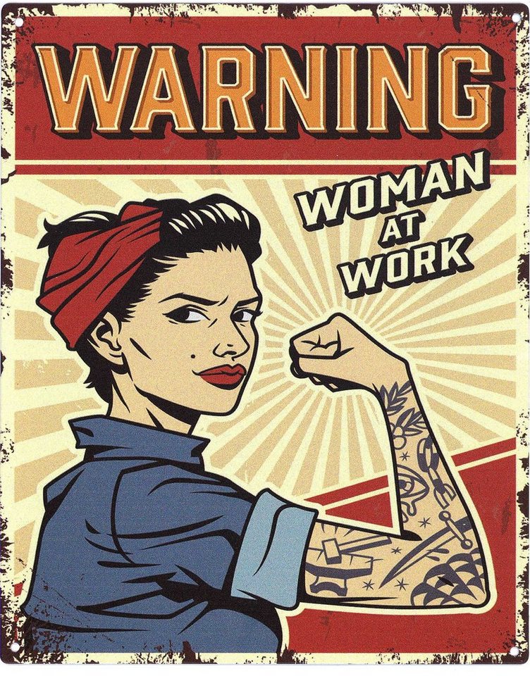 Moritz Metallschild Blechschild Warning Woman at Work, (Einzeln), 20 x 25  cm Vintage Retro Deko Schild Metallschild Wandbild Schild