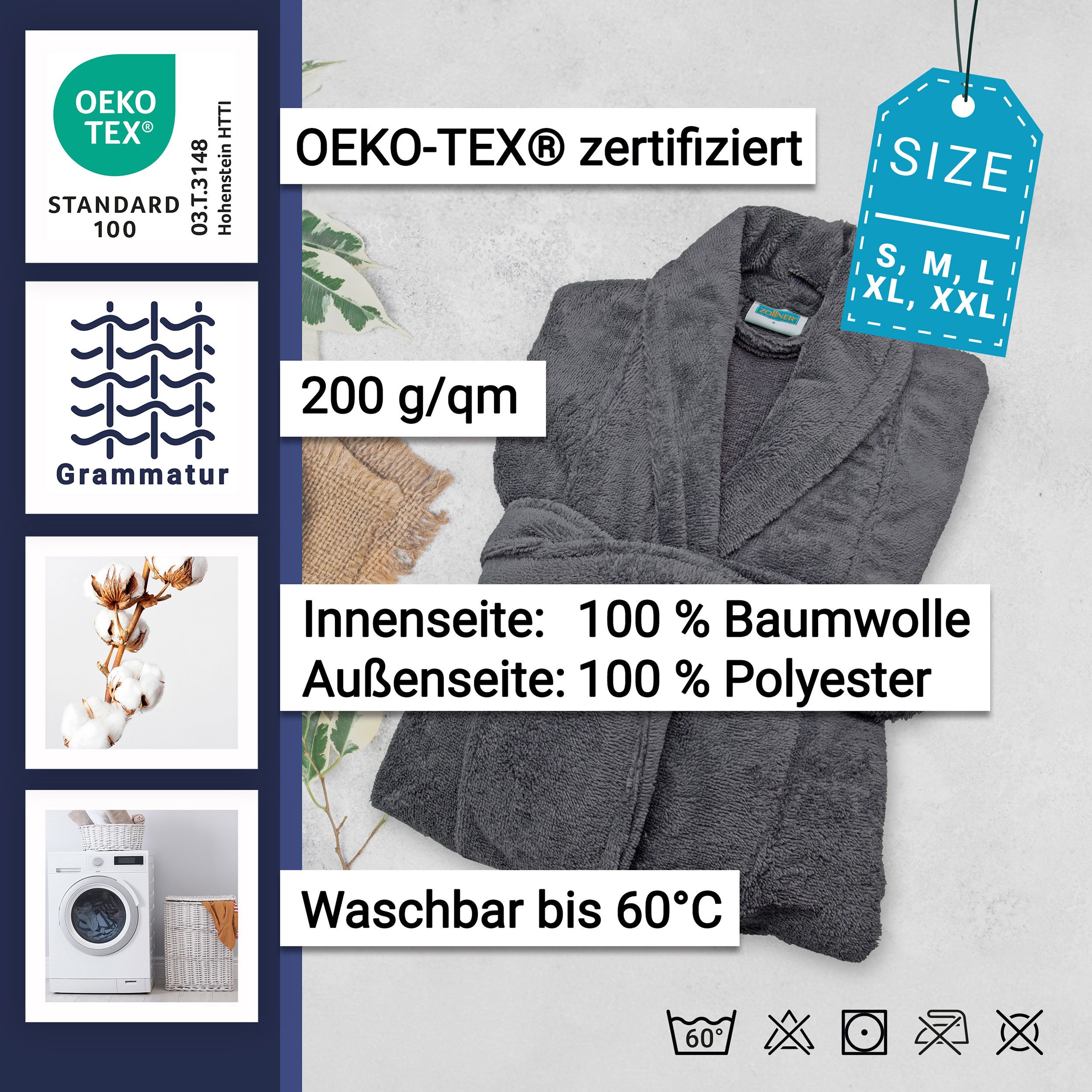 ZOLLNER Unisex-Bademantel, 100% Polyester-Velours / 100% Baumwolle, Schalkragen, Gürtel, 100% Polyester-Velours / 100% Baumwolle, unisex, verfügbar in S-XXL