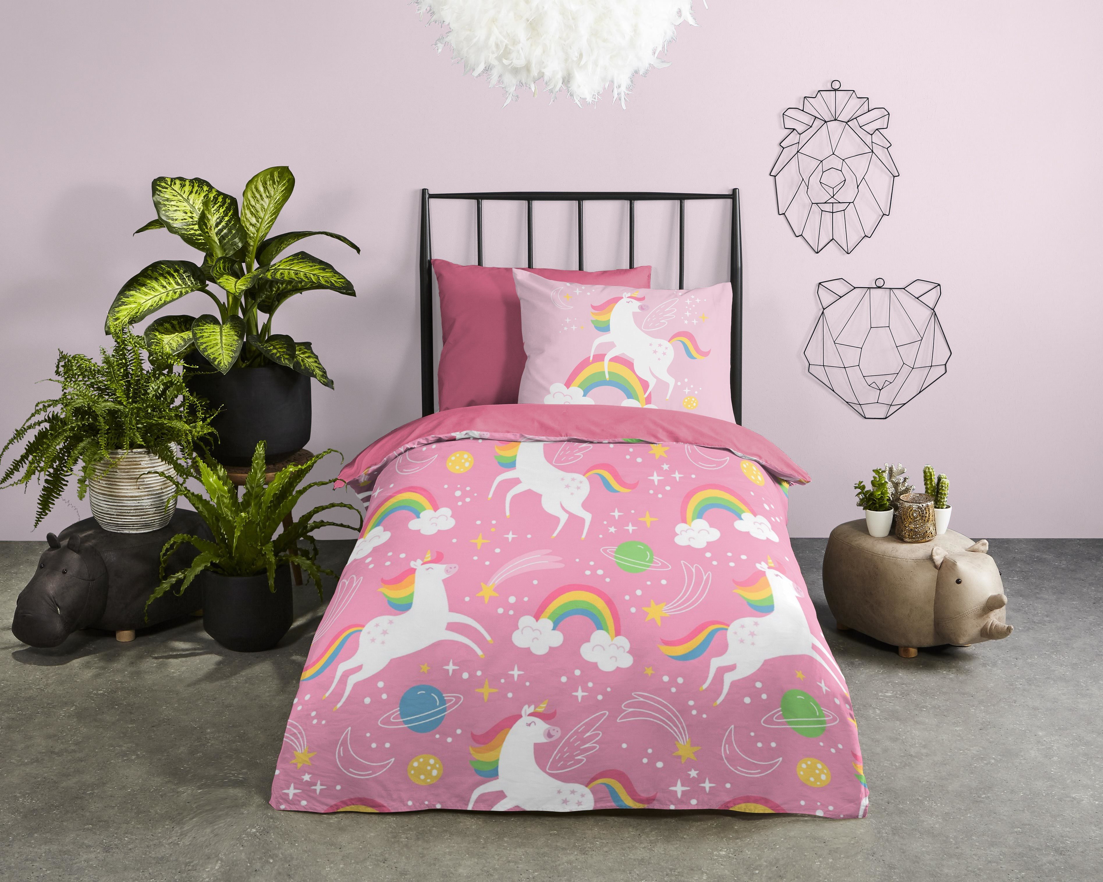 PURE luxury collection Microfaserbettdecke + Kopfkissen Bella, 2-in-1 Bettdecke, waschbar, 135x200, Wende, Mädchen, Einhorn, Rosa
