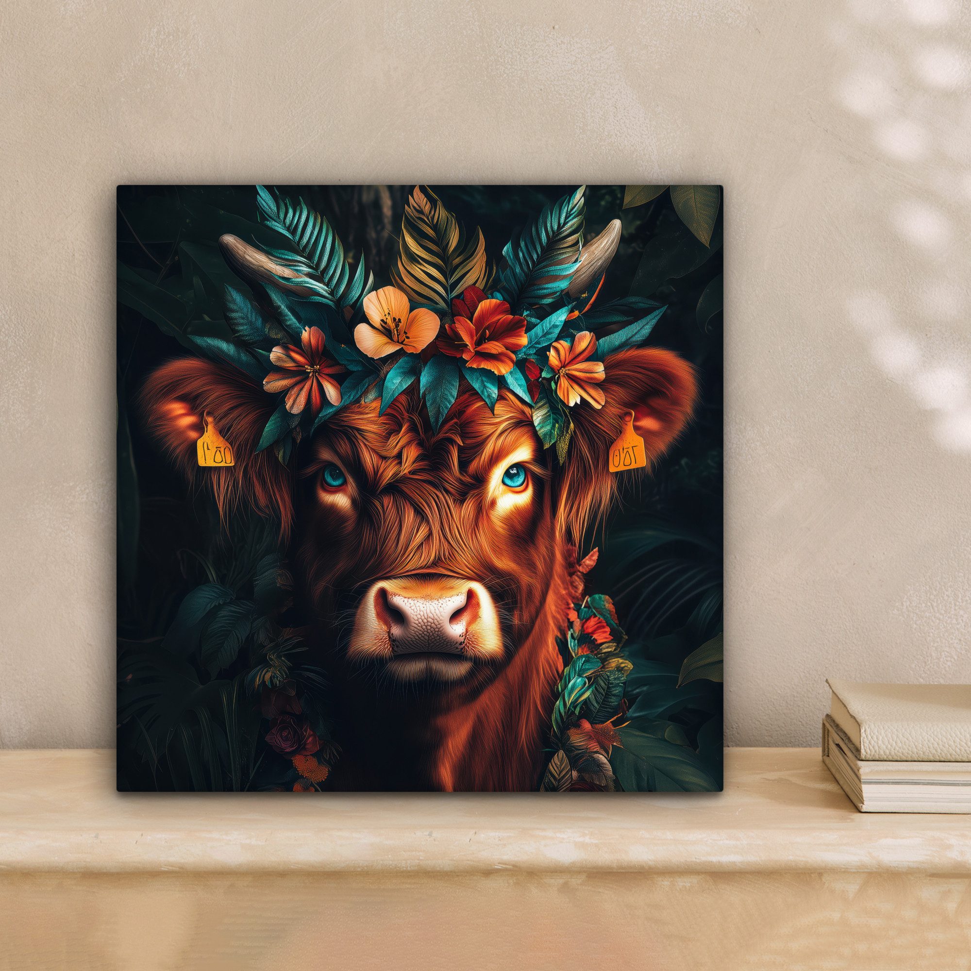 OneMillionCanvasses® Leinwandbild Schottischer Highlander - Blumen - Blätte günstig online kaufen