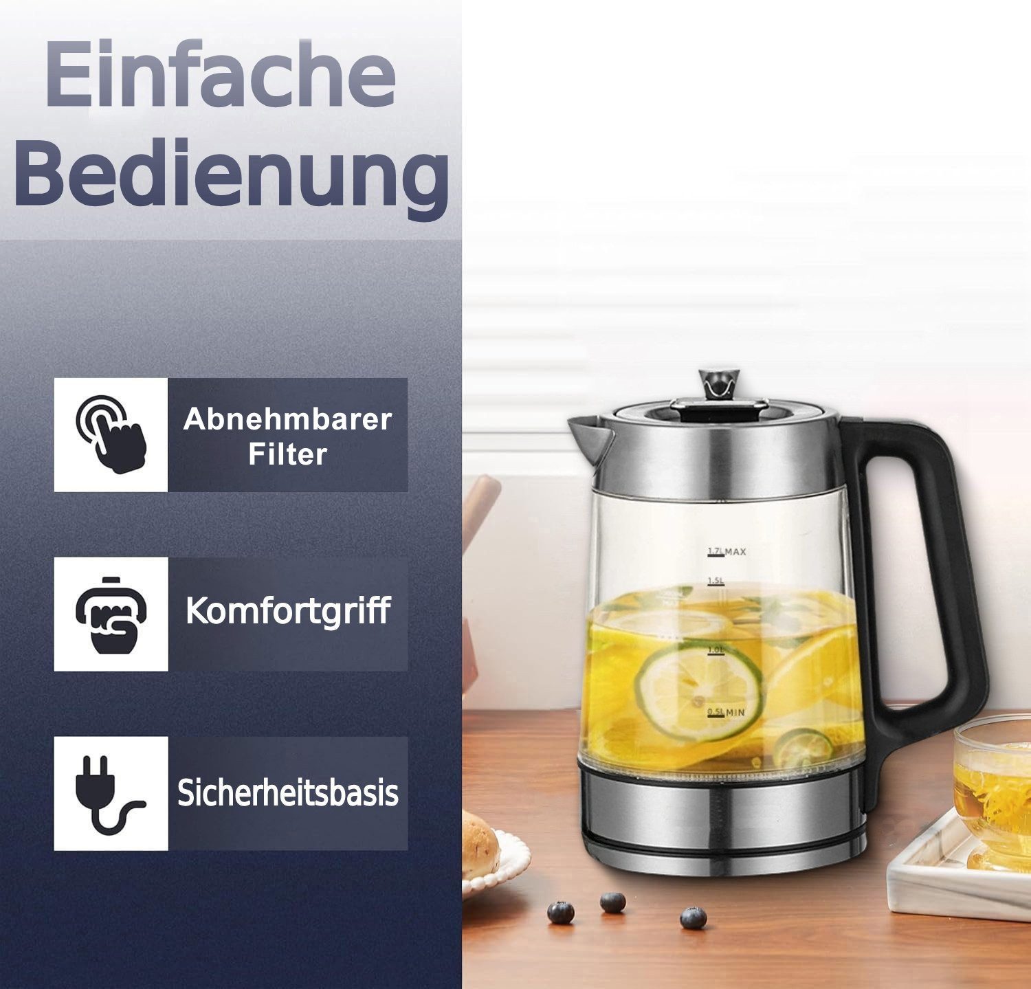 Forrlite Wasserkocher Wasserkocher aus Glas&Edelstahl, mit Temperatureinstellung und Teesieb, 3000 W, Temperaturwahl 0 °C- 100 °C, Warmhaltefunktion, LED‑Farbri – Bild 4 von 5