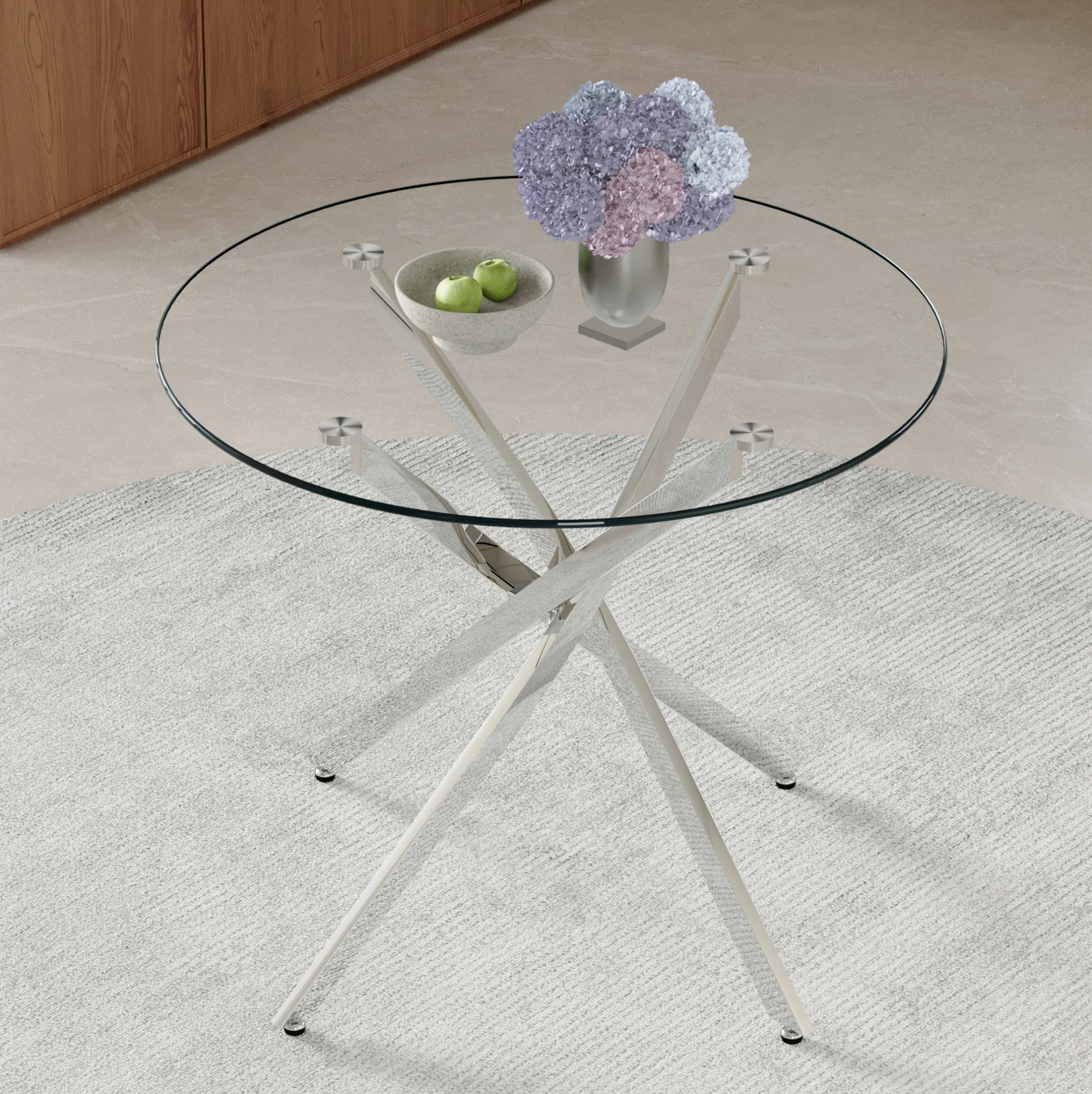 OKWISH Esstisch Runder Küchentisch 88 cm im luxuriösen Leicht-Design (mit gehärteter Glasplatte und Metallgestel), moderner Küchentisch für 2–4 Personen