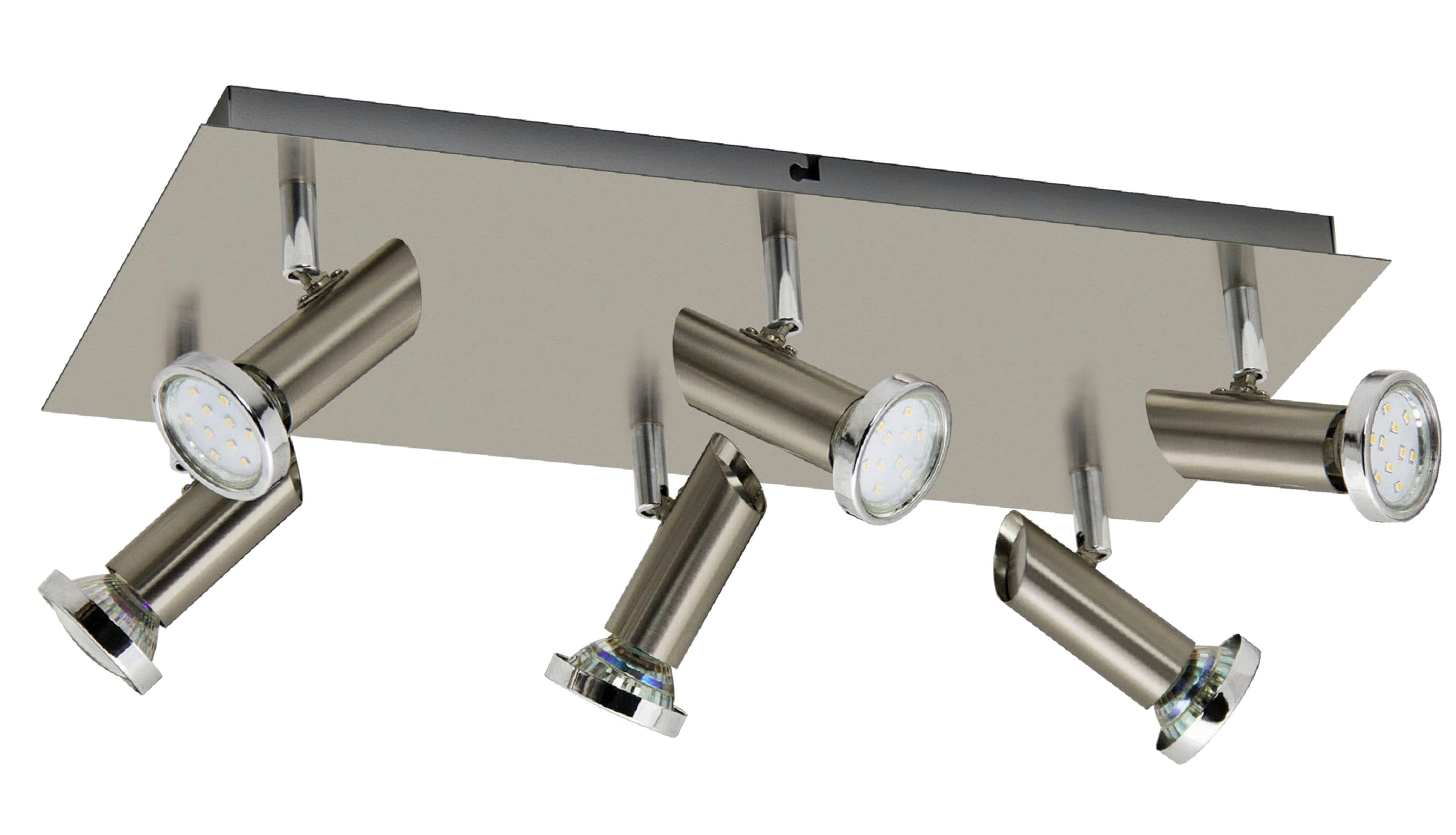 TRANGO LED Deckenstrahler, 3093 LED Deckenleuchte 6-flammig *JACK* in Edelstahl-Optik inkl. 6x 3 Watt GU10 LED Leuchtmittel 3000K warmweiß Deckenlampe I Deckenstrahler I Badlampe, Wohnzimmer Lampe schwenkbar