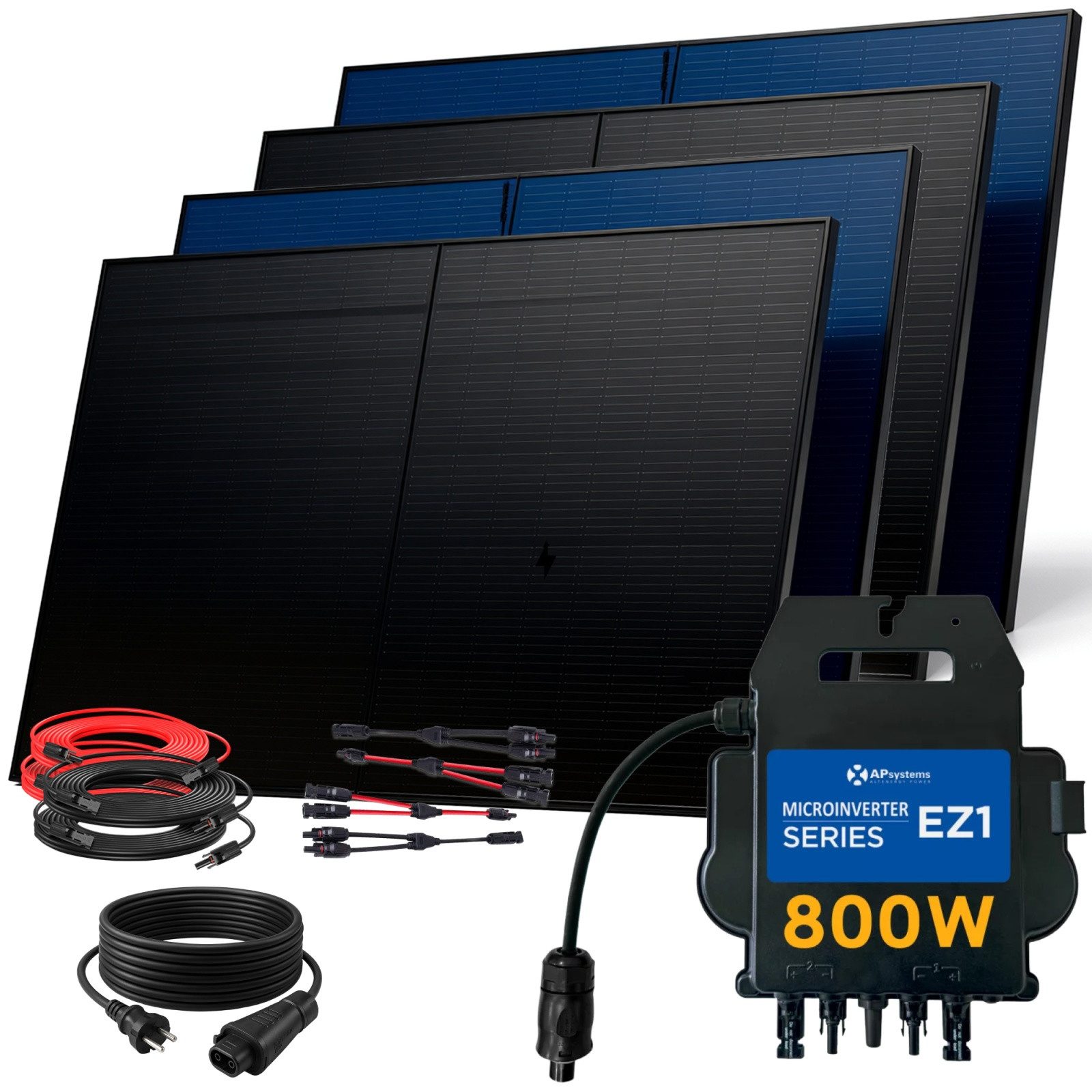 SUNNIVA Balkonkraftwerk 2000W BIFAZIAL FULLBLACK komplett Steckdose, (AP Systems EZ1-M 800W Wechselrichter, Solaranlage Komplettset,4x 500W N Glas Bifacial Solarmodule,5m Kabel,4x 2.5m Solarkabel)