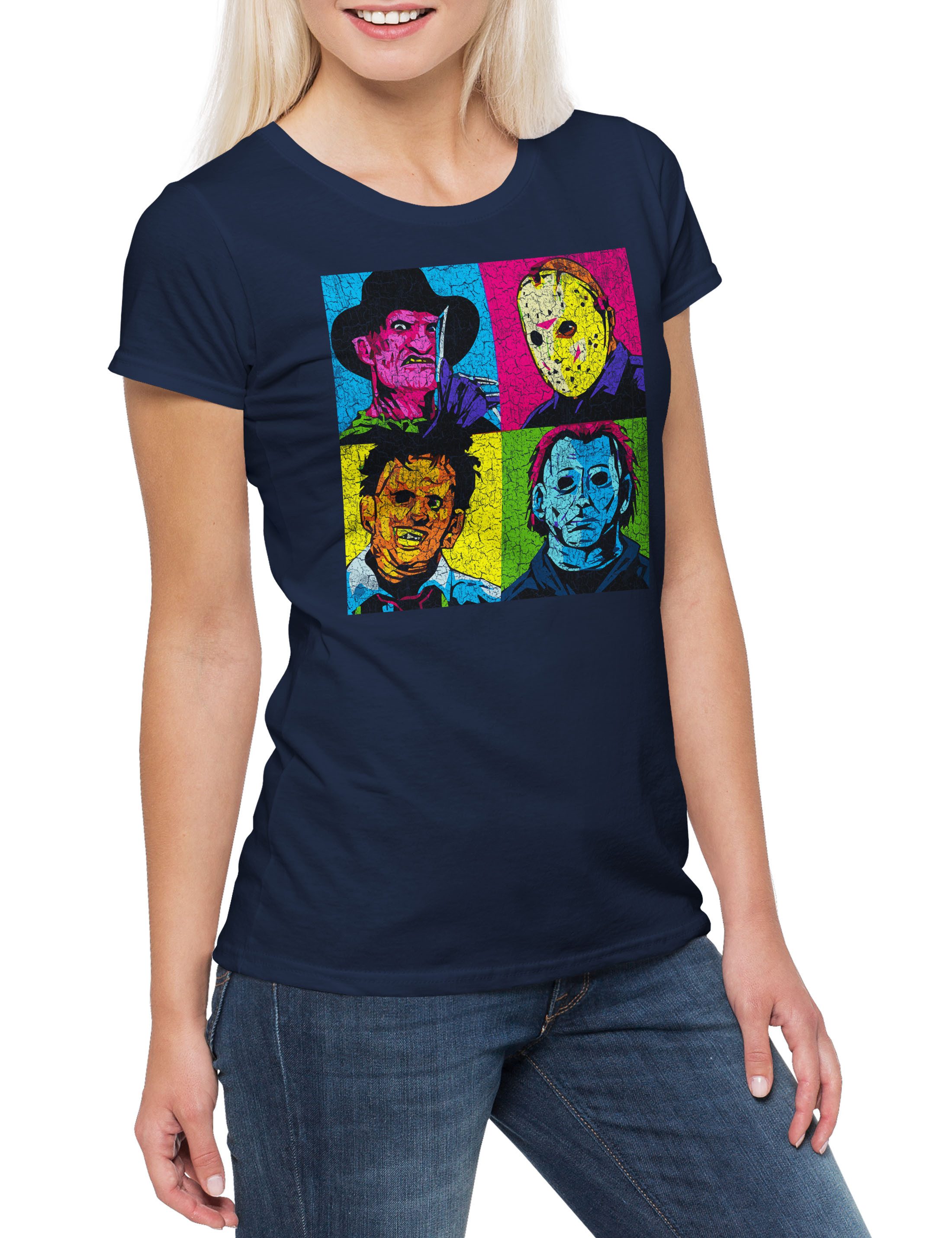 Print-Shirt Pop Art Horror Faces Damen T-Shirt Bates Jason Friday Camp Crystal the