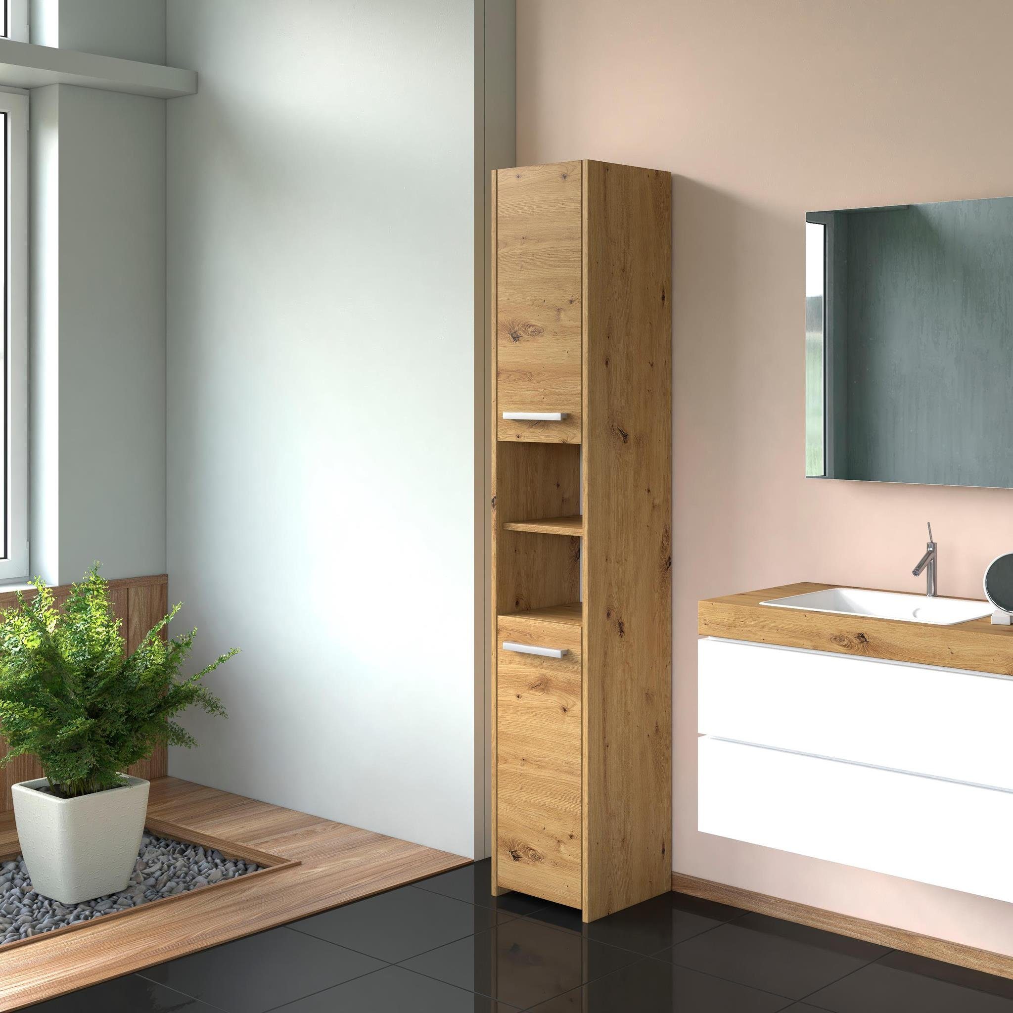 Beautysofa Hochschrank Lago I (modernes Regale für Badezimmer, 30 cm breit Badezimmerschrank) mit zwei Drehtüren, inkl. silberfarbig Griffe, mit 6 Fächer Artisan | Hochschränke