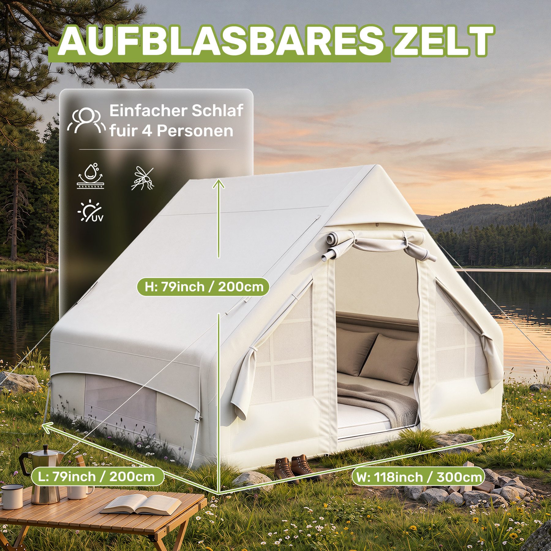 HawthyHome aufblasbares Zelt 3x2m mit Luftpumpe 2-6 Personen Luftzelt Wasserdicht & Schneller, Weiß, Schnelle Aufblasung, Wasserdicht & Sonnenschutz für Jedes Wetter