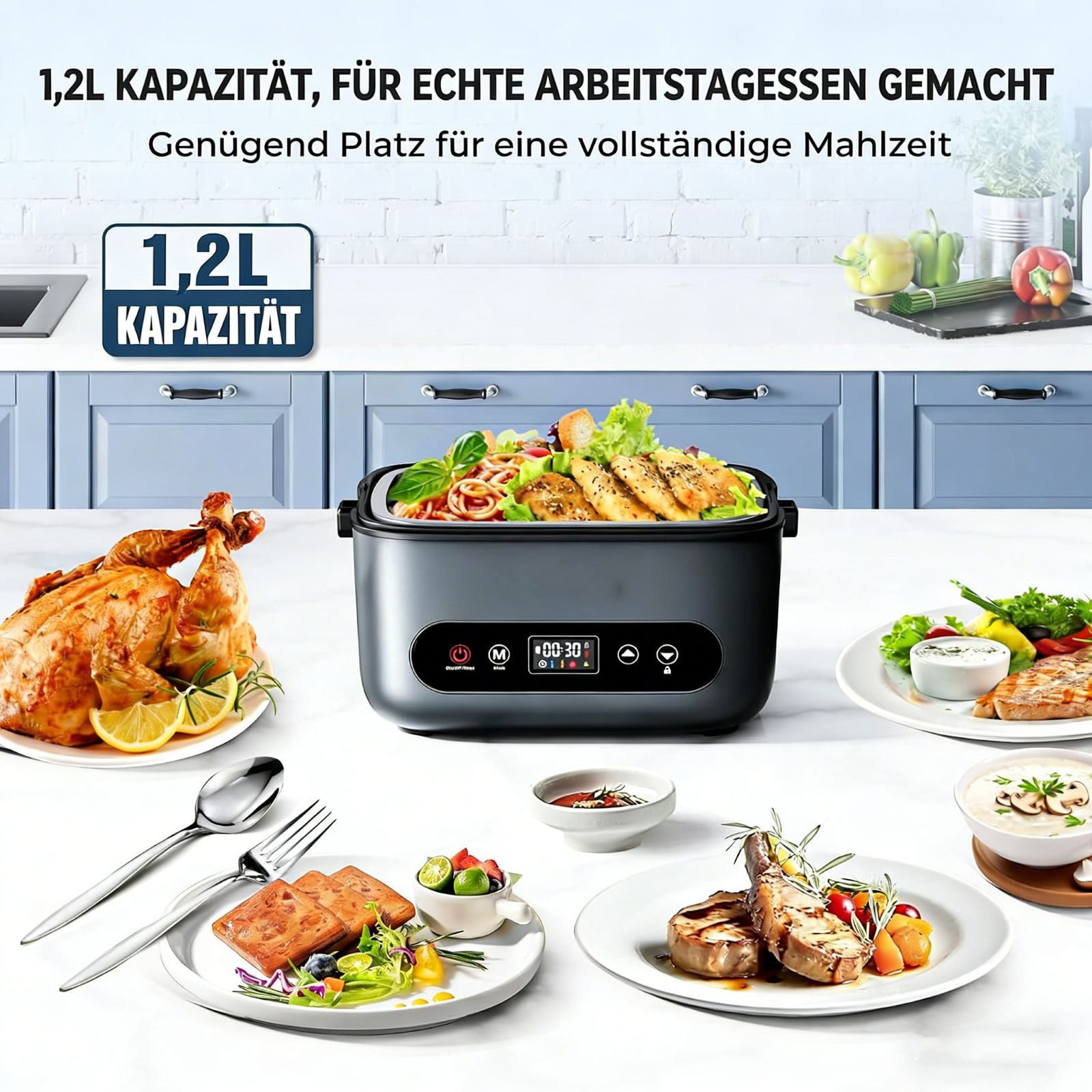 AKKEE Elektrische Lunchbox für Zuhause und Auto, Kabellos, 1,2 L, schnelles Erhitzen von Speisen, Intelligentes Touchpanel