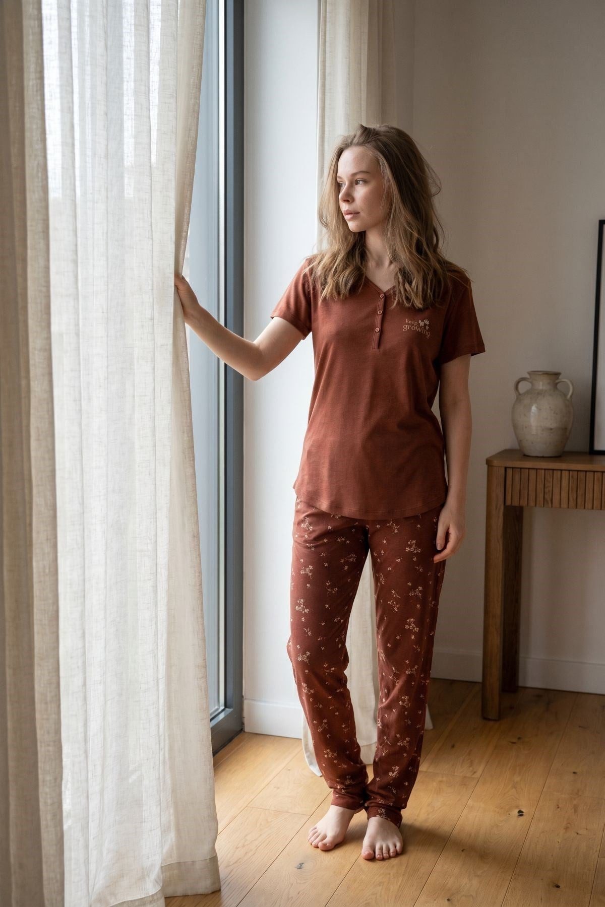 C&CITY Pyjama Graues Halbknoopf-Pyjama-Set