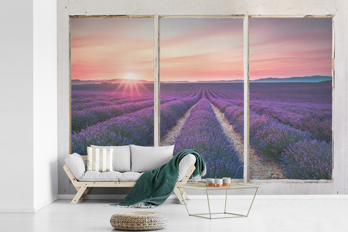 MuchoWow Fototapete Ausblick - Lavendel - Sonnenuntergang, Matt, bedruckt, (6 St), Wallpaper für Wohnzimmer, Schlafzimmer, Kinderzimmer, Vinyl Tapete