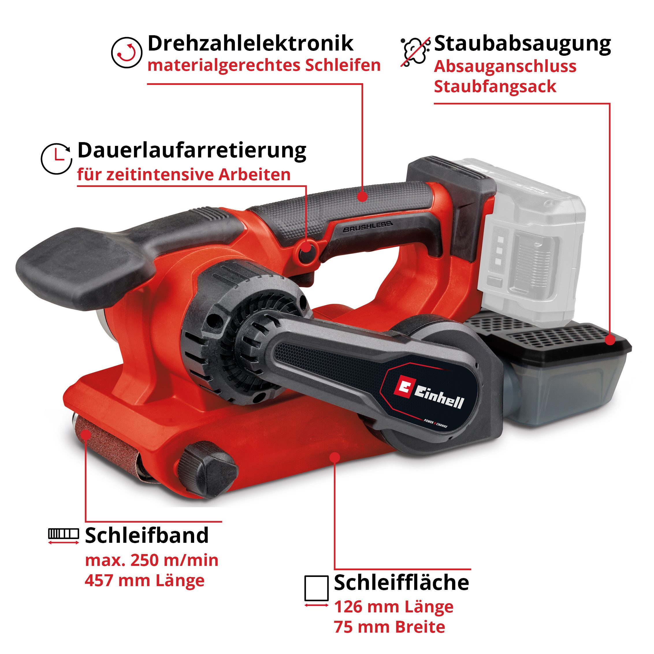 Einhell Akku-Bandschleifer TP-BS 18/457 Li BL - Solo, 250 m/min, ohne Akku und Ladegerät