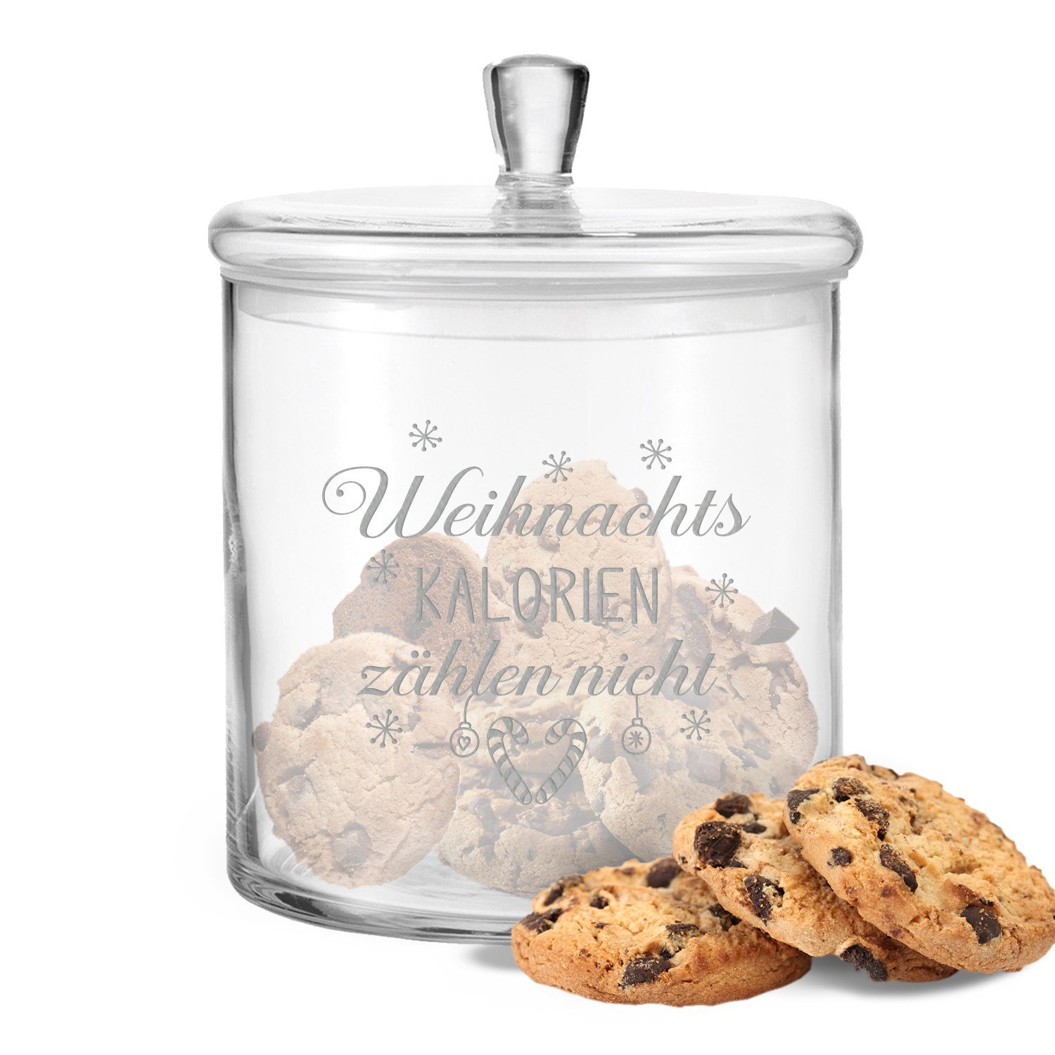 GRAVURZEILE Keksdose Leonardo Keksglas - Weihnachts Kalorien zählen nicht, Glas, als Geschenk für Freunde & Familie zu Weihnachten
