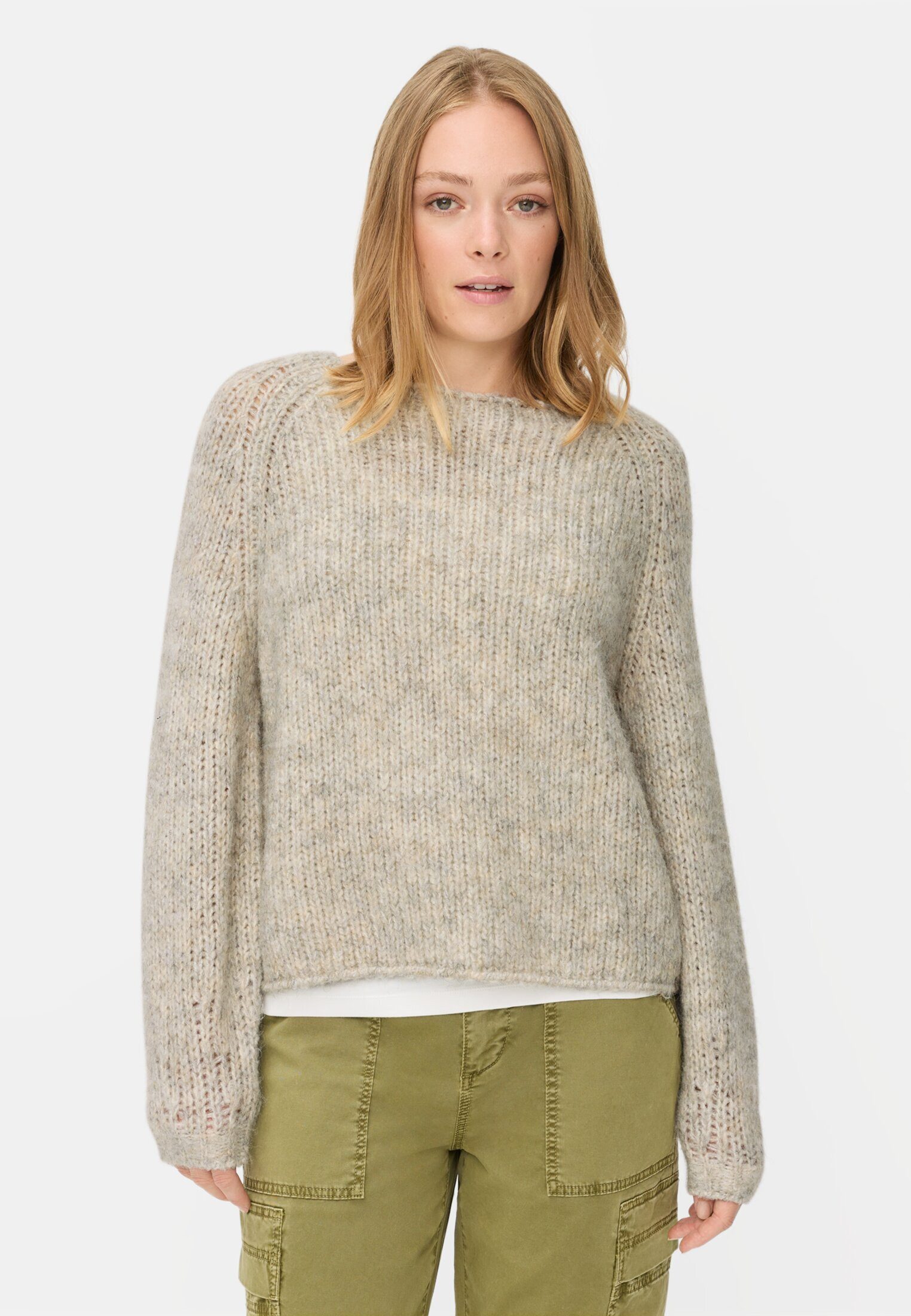 camel active Strickpullover mit Rundhalsausschnitt Langarm Rundhals Markenlabel