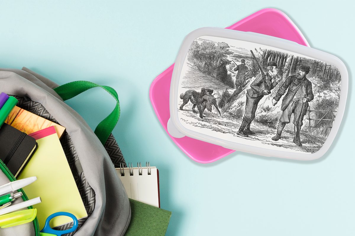 für Eine Lunchbox Jägern Illustration einem drei Mädchen, von rosa Jagdhund, (2-tlg), MuchoWow Erwachsene, Brotbox Kunststoff, Kinder, Snackbox, Brotdose mit Kunststoff