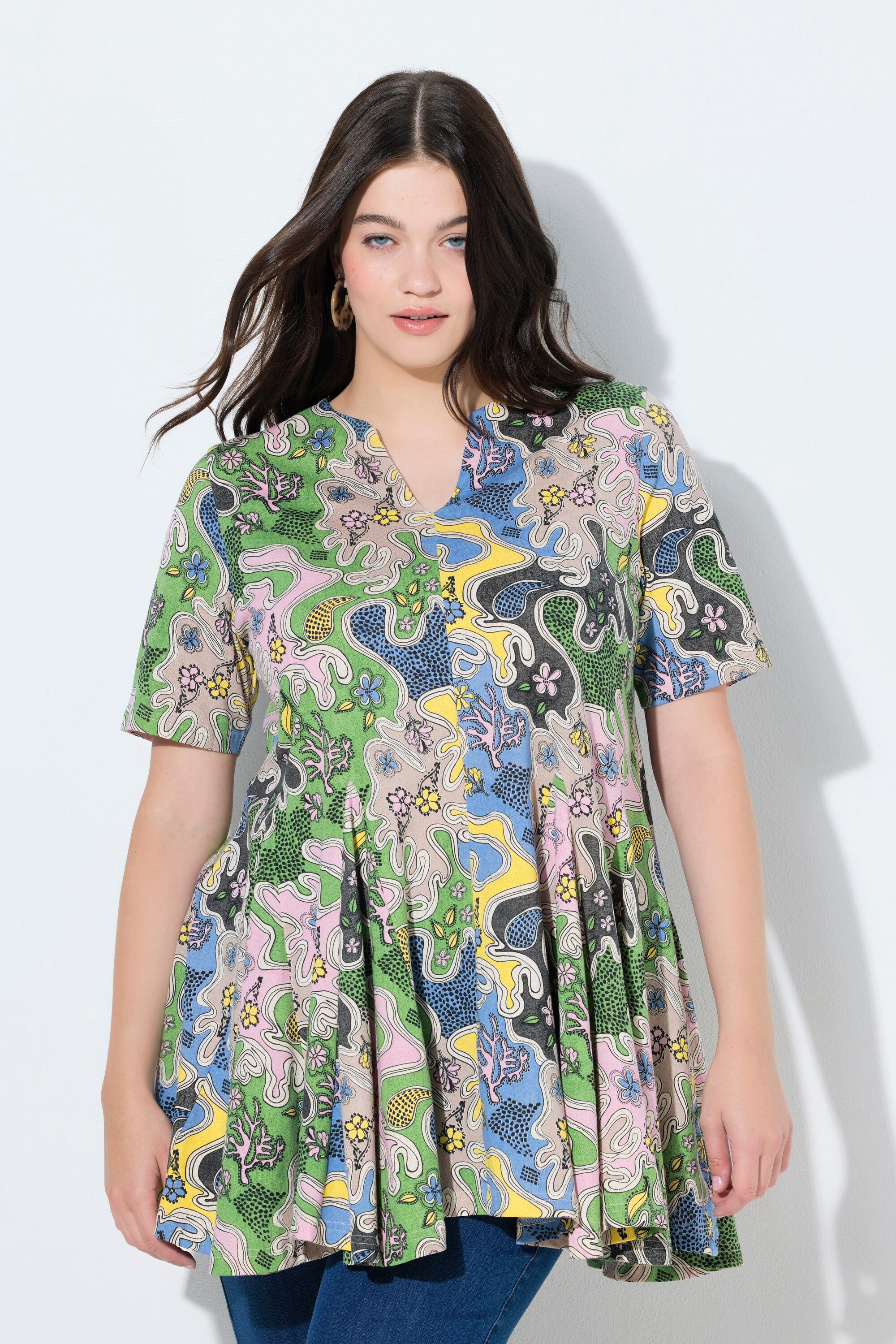 Longshirt T-Shirt A-Linie Tunika-Ausschnitt Halbarm