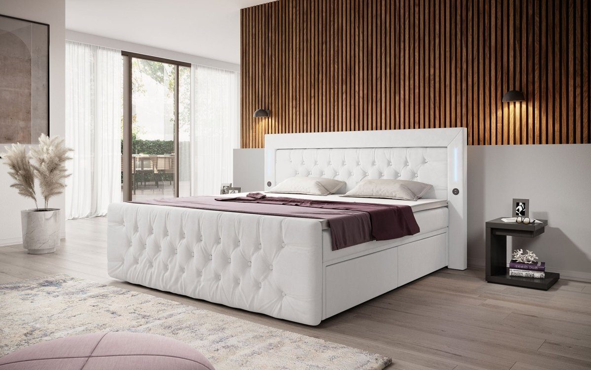 Luxusbetten24 Boxspringbett Diva, mit LED-Beleuchtung, USB-Anschluss und Stauraum