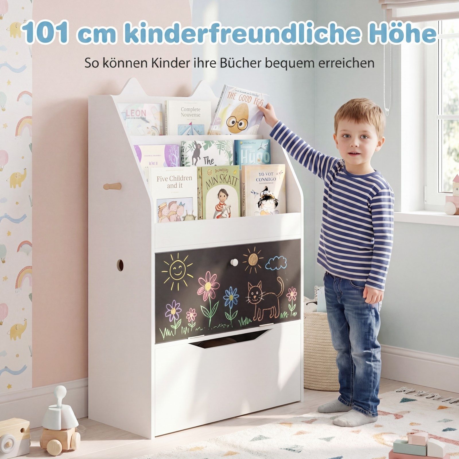 COSTWAY Kinderregal, mit 2 Haken, 3 Regalen, abnehmbarer Schublade mit Rollen