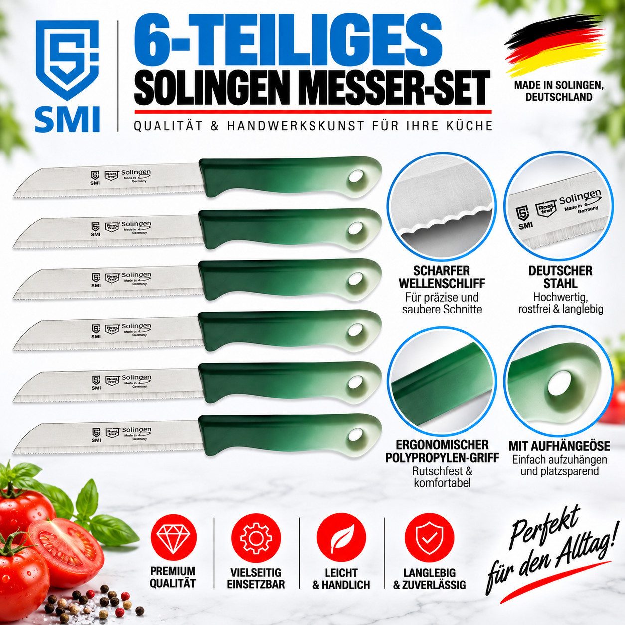 SMI Gemüsemesser 6-tlg Gemüsemesser Set Solingen Schälmesser Obstmesser Küchenmesser, Klinge mit Wellenschliff – Bild 3 von 5