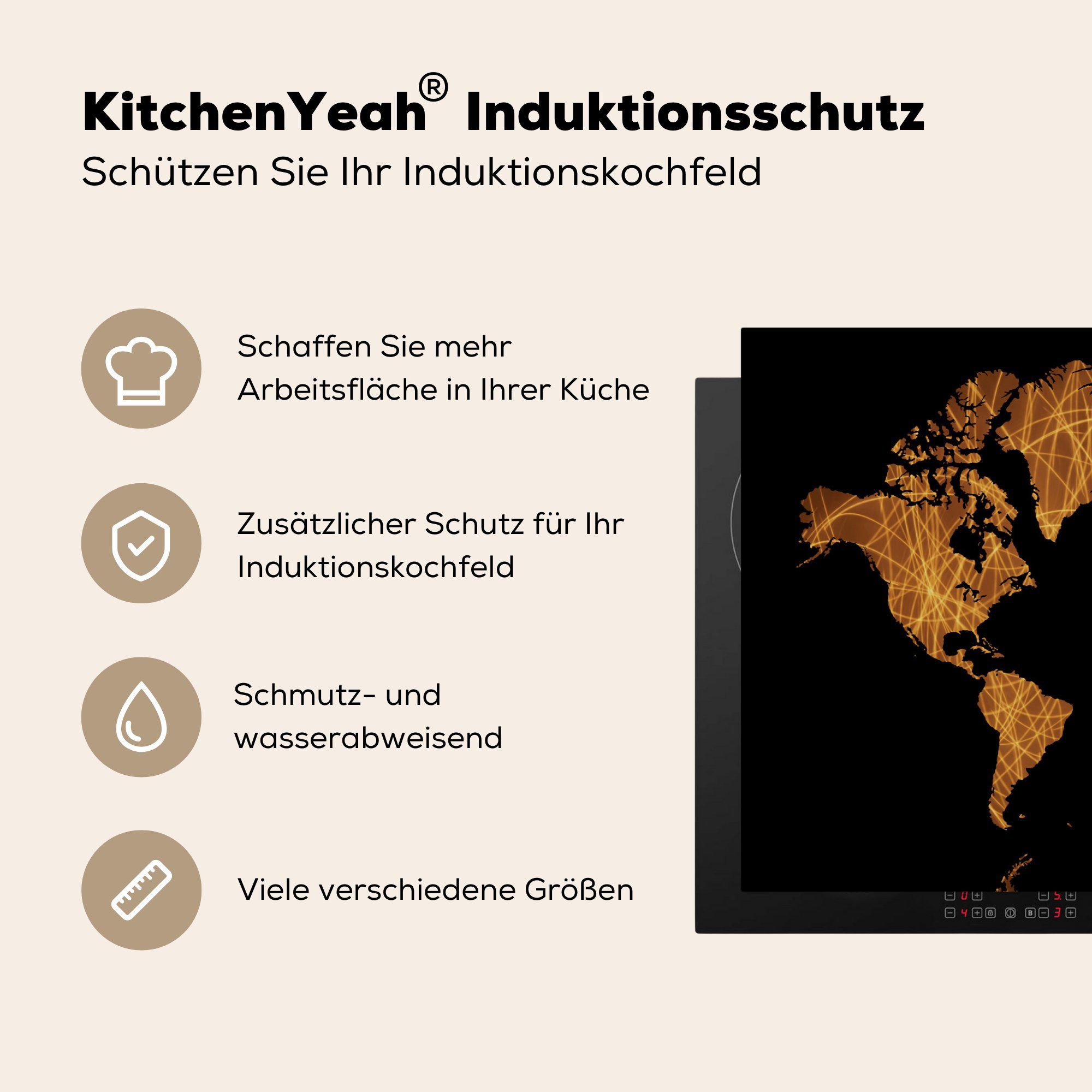 MuchoWow Schwarz - Schutz (1 Herdblende-/Abdeckplatte tlg), Induktionskochfeld Ceranfeldabdeckung 81x52 - Weltkarte küche, für Vinyl, Gold, die cm,