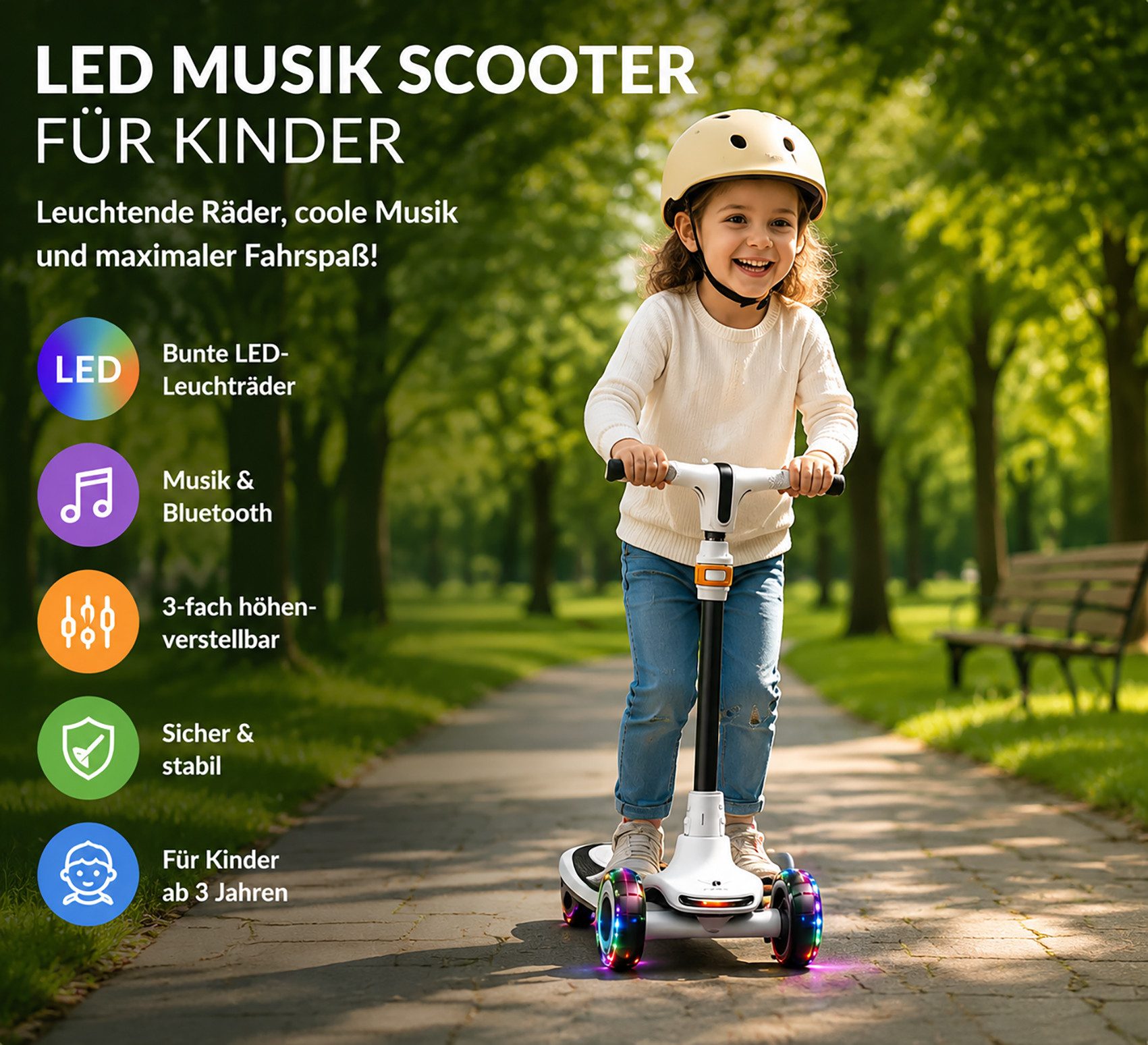 ibettertec Cityroller Scooter Kinderroller Tretroller Dreiradscooter,Höhenverstellbar69-91cm, bis 70 kg,LED-Räder,Kann über Bluetooth mit dem Handy verbunden werden