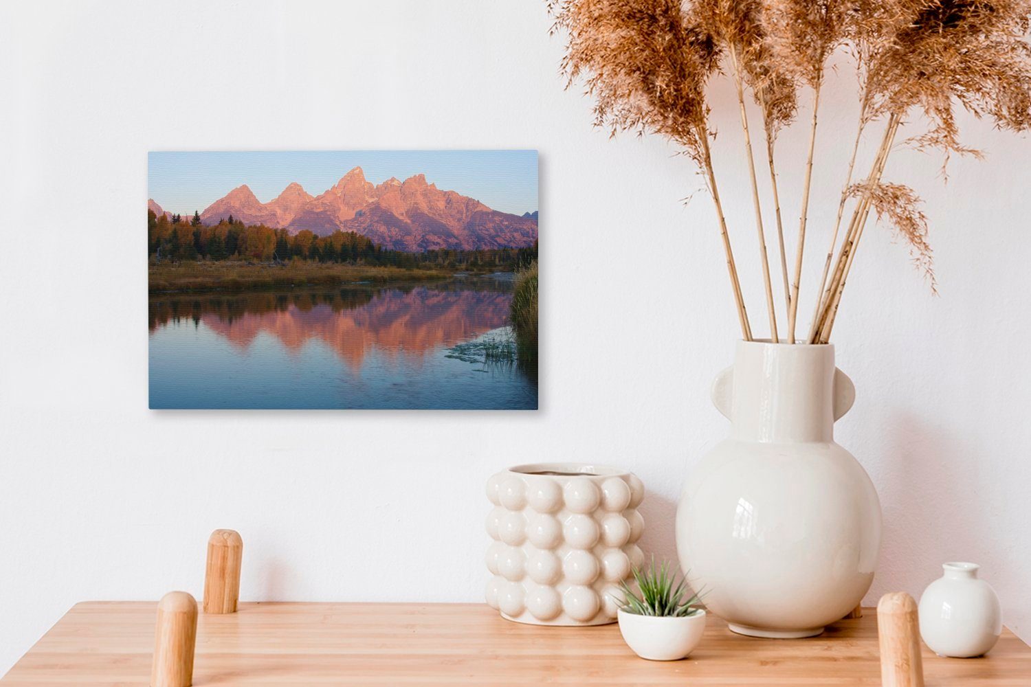 Wandbild in OneMillionCanvasses® Leinwandbild einem, Wanddeko, (1 Aufhängefertig, Teton spiegeln sich St), Die Leinwandbilder, 30x20 cm der Berge farbenfrohen Mountains