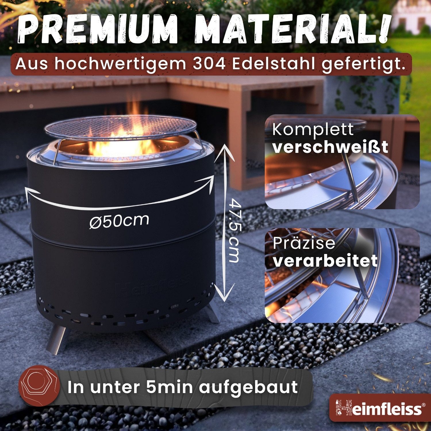Heimfleiss® Feuerschale Rauchfreie Feuerschale mit Grillrost aus Edelstahl, Schwarz: Low-Smoke Feuerstelle Ø50cm mit Grillzubehör