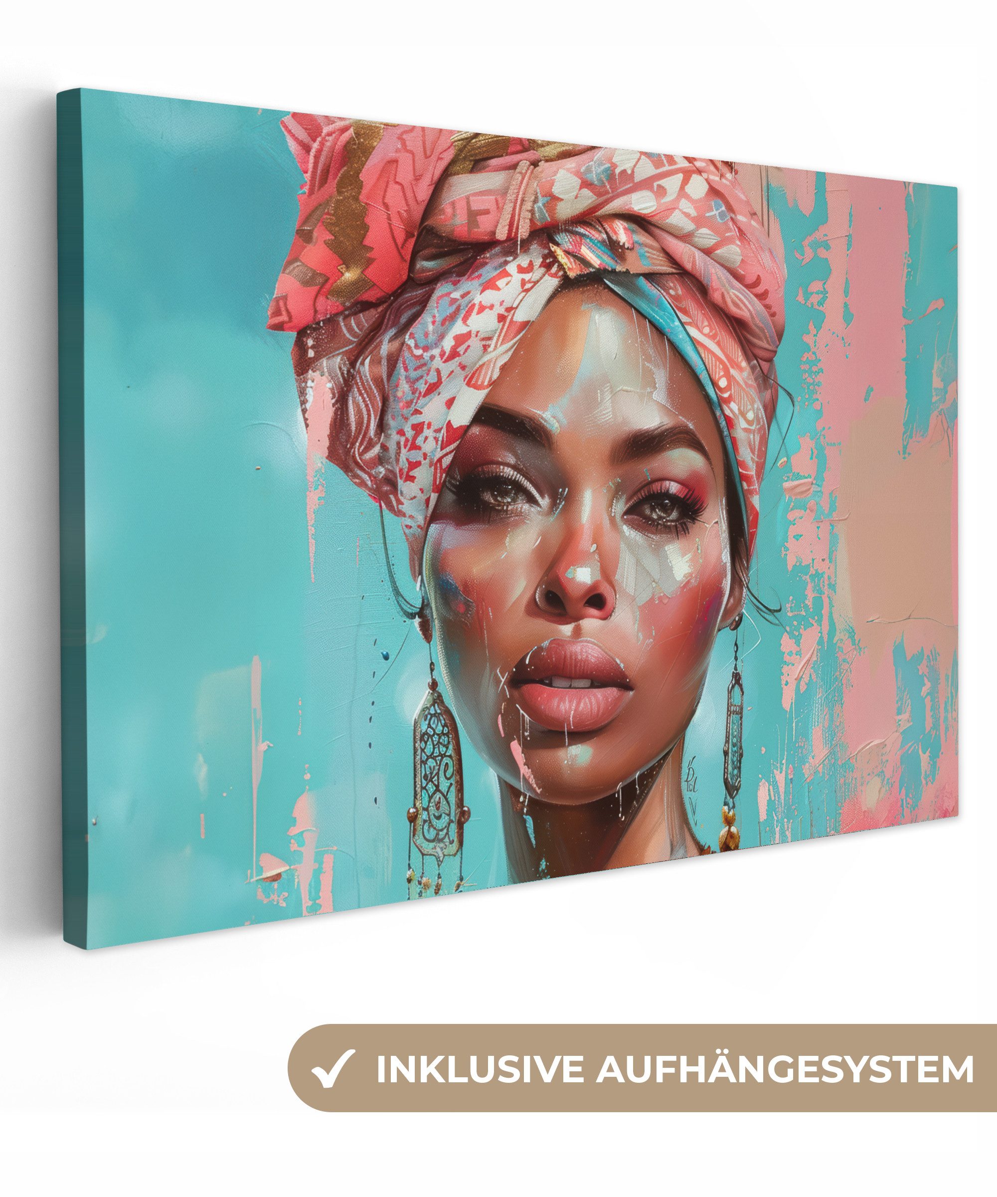 Leinwandbild Frau - Porträt - Blau - Rosa - Modern