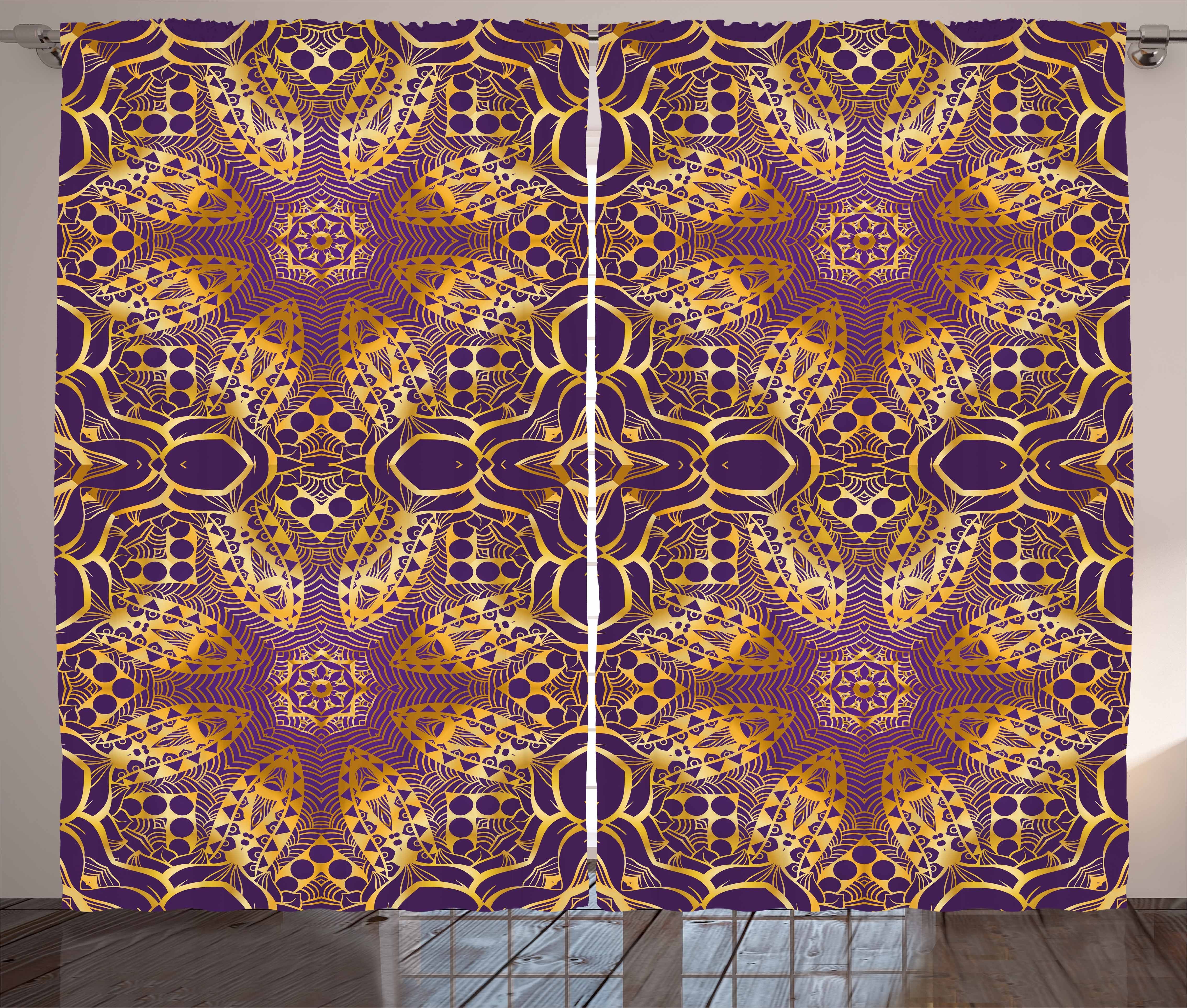 Gardine Schlafzimmer Kräuselband Vorhang lila Schlaufen Haken, Mandala und Abakuhaus, Boho-Motiv mit