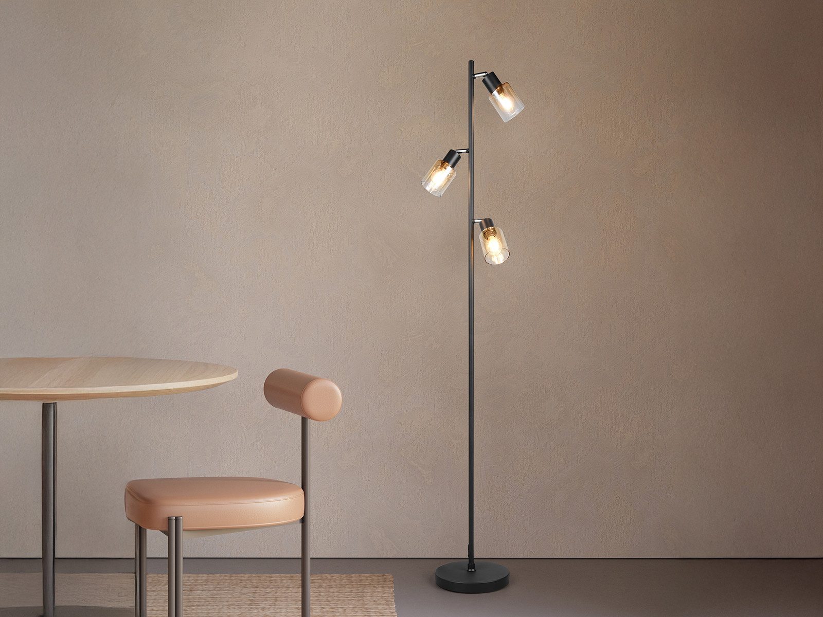 Reality Leuchten LED Stehlampe mit 3 schwenkbaren Glas Spots Höhe 154cm, Dimmfunktion, LED wechselbar, Warmweiß, Wohnzimmer Stehleuchte mit Strahlern Amberfarbi – Bild 5 von 5