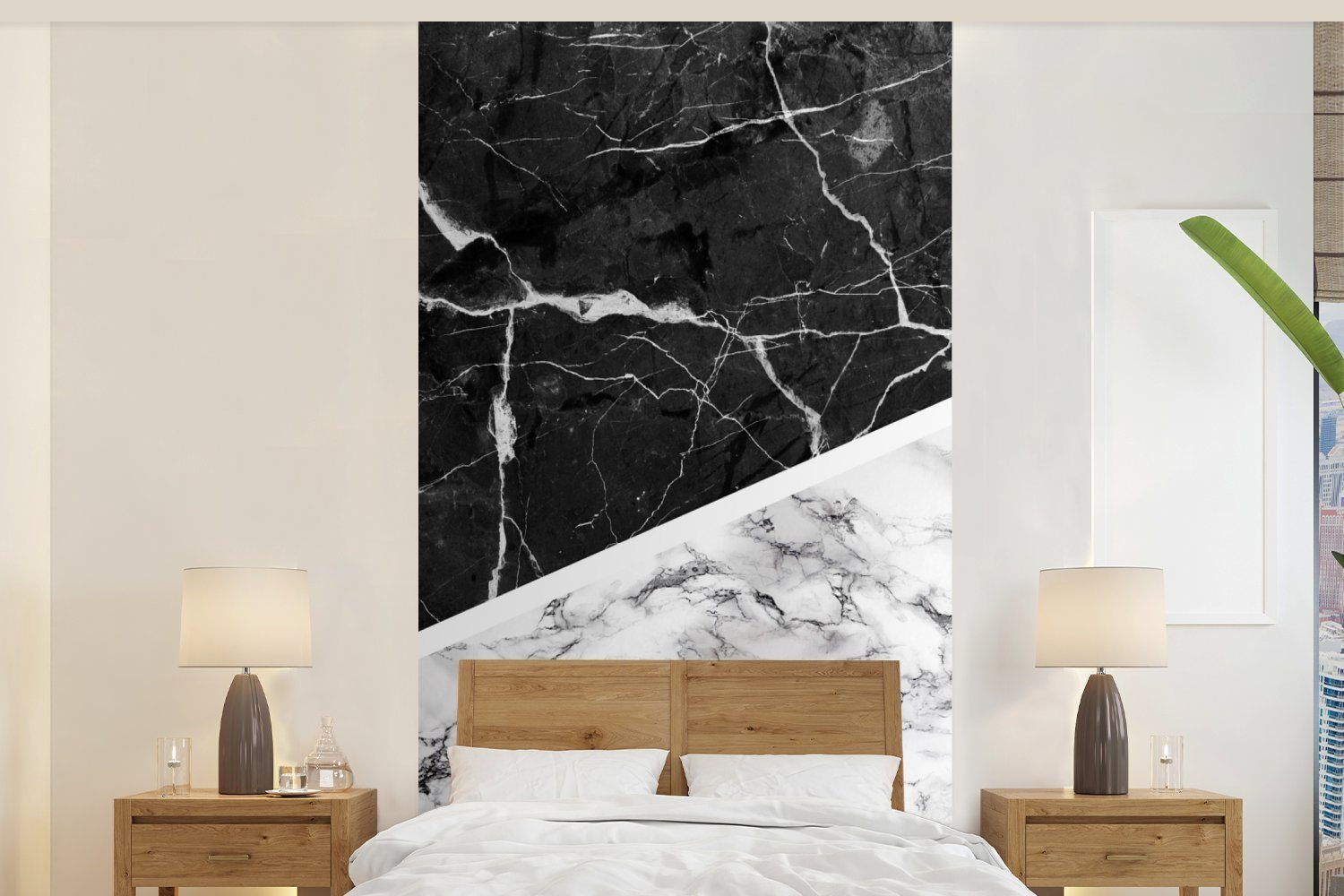 MuchoWow Fototapete Marmor - Schwarz - Weiß, Matt, bedruckt, (2 St), Vliestapete für Wohnzimmer Schlafzimmer Küche, Fototapete