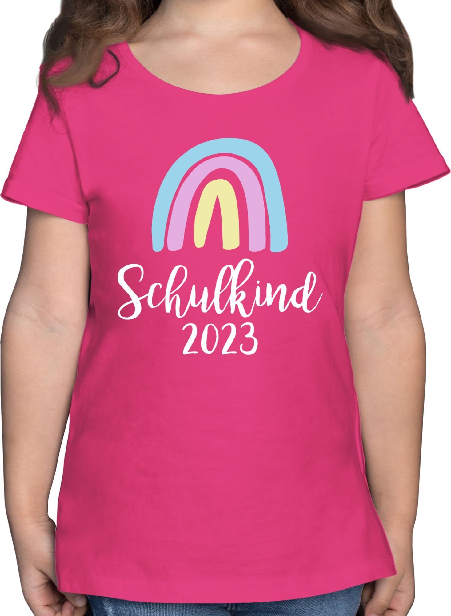 Shirtracer T-Shirt Schulkind 2023 Regenbogen Pastell / Weiß Einschulung Mädchen 1 Fuchsia