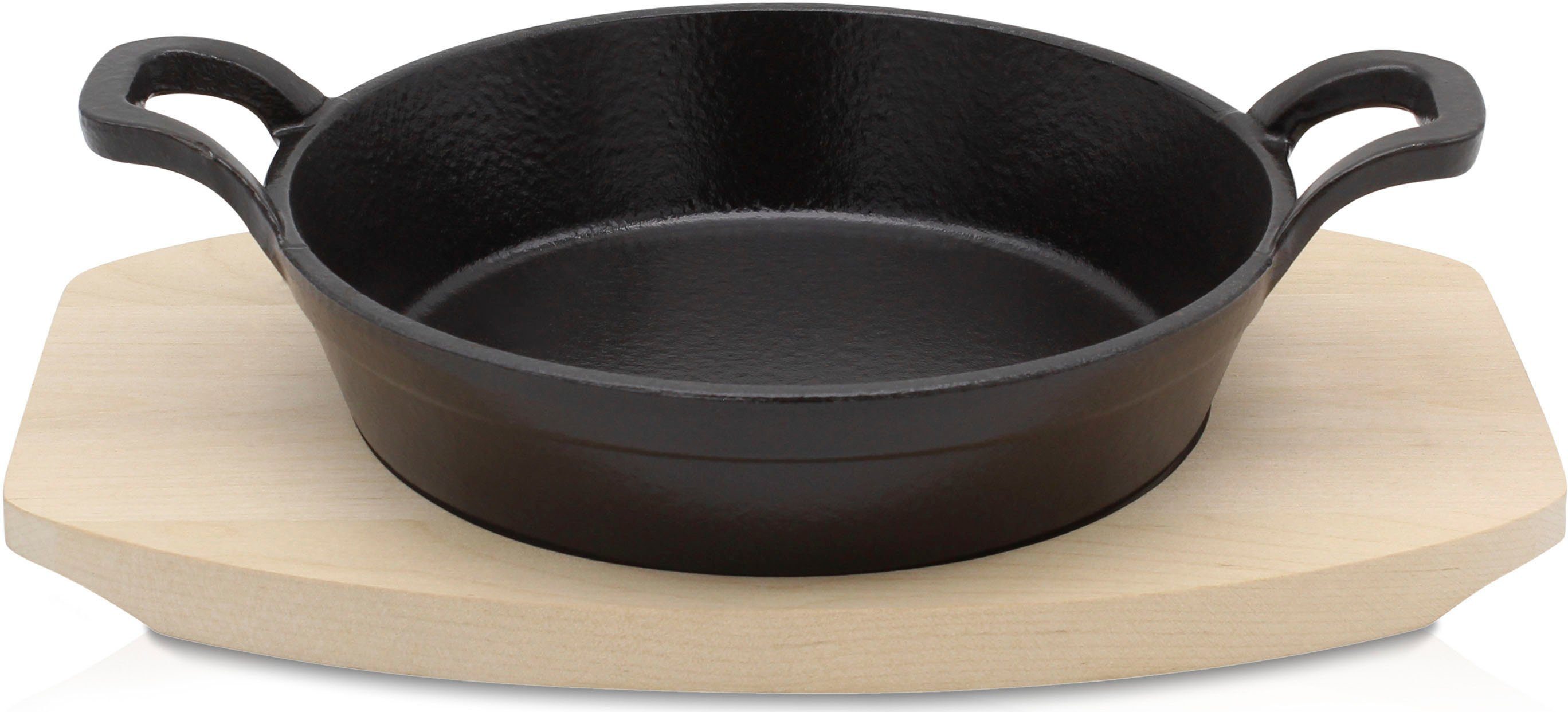 Krüger Servierpfanne Eisenguss Brat- und Servierpfanne mit Holzteller TOLEDO, 18 cm, Gusseisen (1-tlg), für Induktions-Kochfelder geeignet
