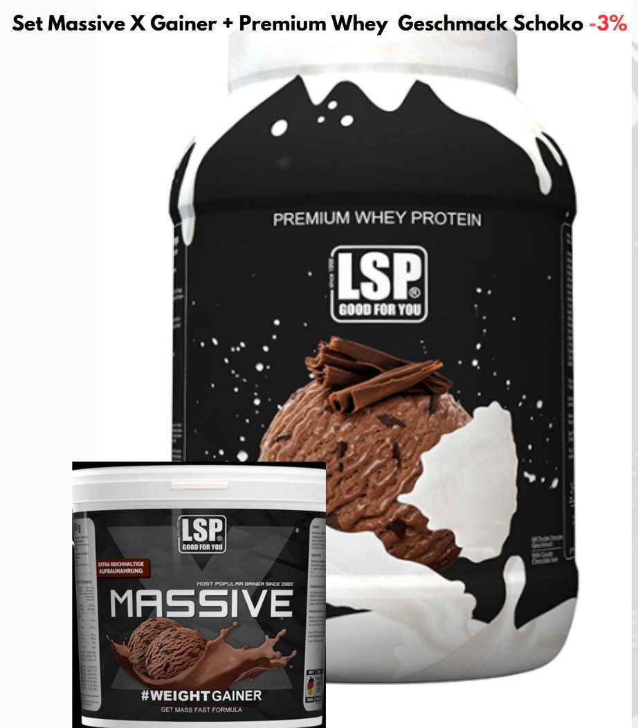 MASSIVE X® Weight Gainer 4.000g + Premium Whey Protein 1800g Schoko Pulver