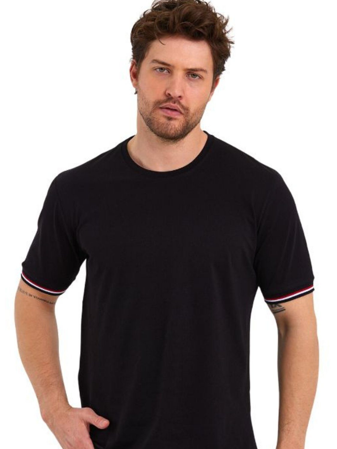 (Packung, Kurzarm 1-tlg) Bündchen Ärmel COMEOR gestreiften Basic Schwarz T-Shirt Herren Rundhalls mit