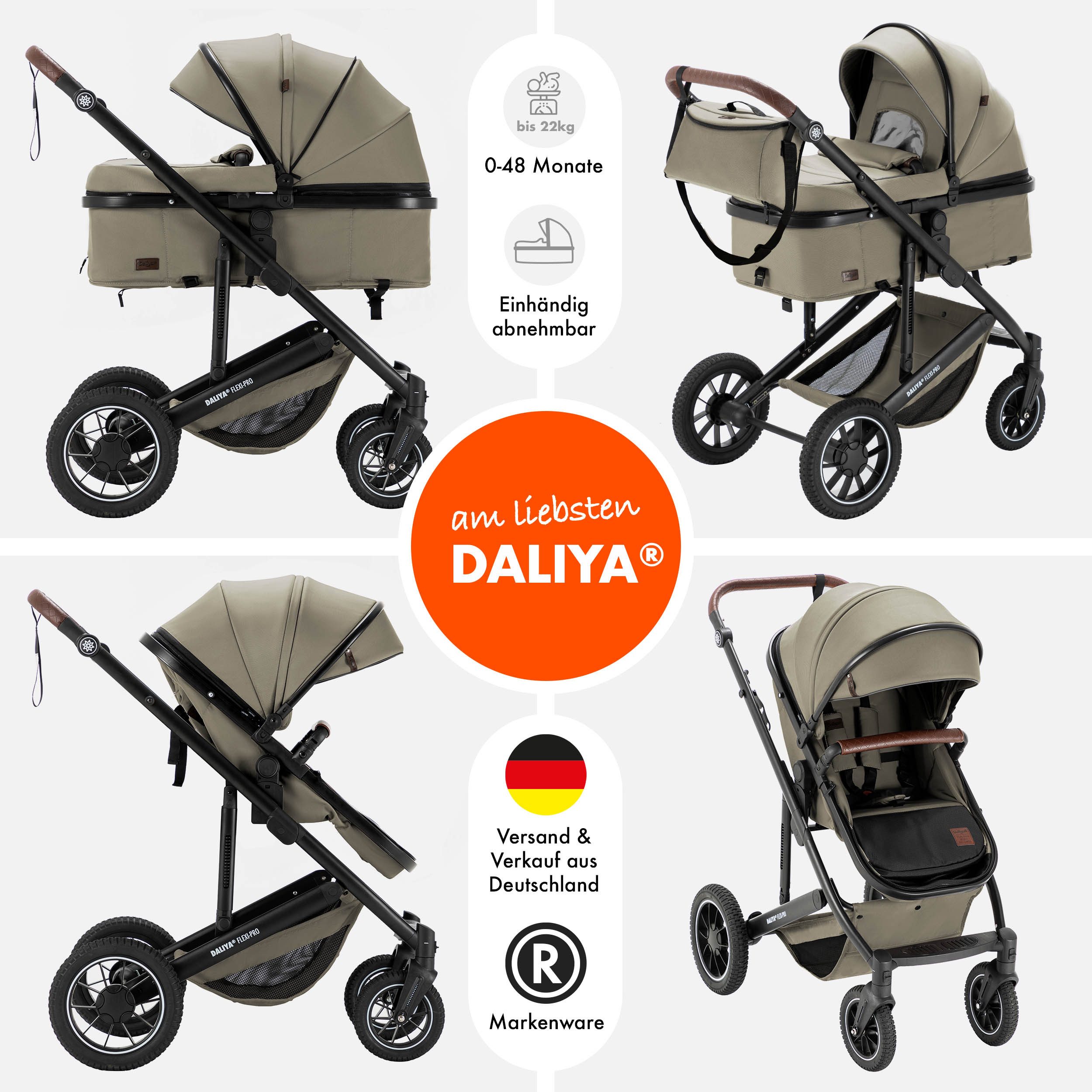 Daliya® Kombi-Kinderwagen FLEXI-PRO M 2in1 Kinderwagen & Buggy, Reisekinderwagen, XXL Set, (10-tlg), Einhändig abnehmbare Wanne, Alu-Rahmen, Gummireifen, Gurte, UV 50+
