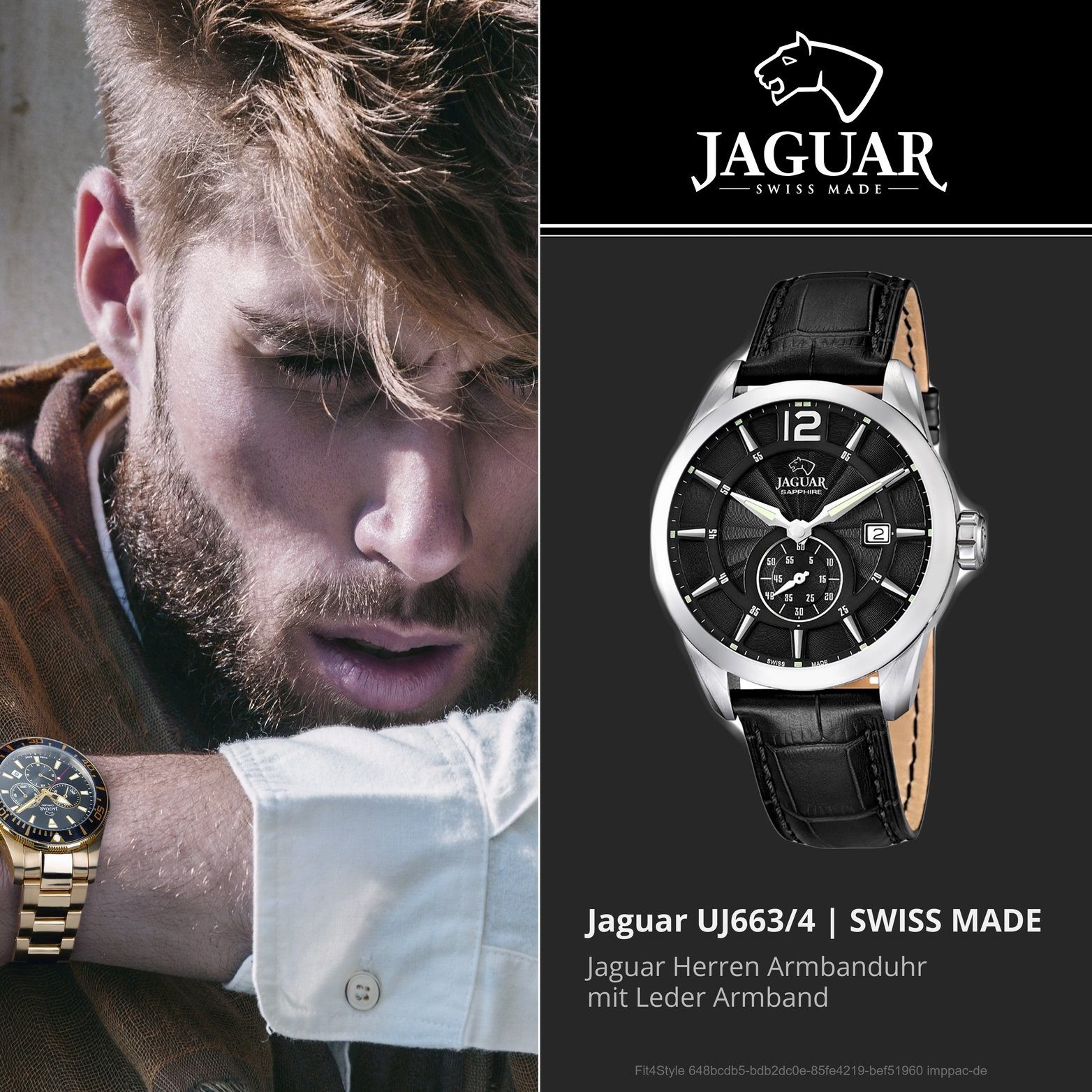 JAGUAR rundes mit Elegant, Leder (ca. Elegant-S Uhr 43mm), Herren Herrenuhr groß Jaguar Lederarmband, J663/4 Quarzuhr Gehäuse,