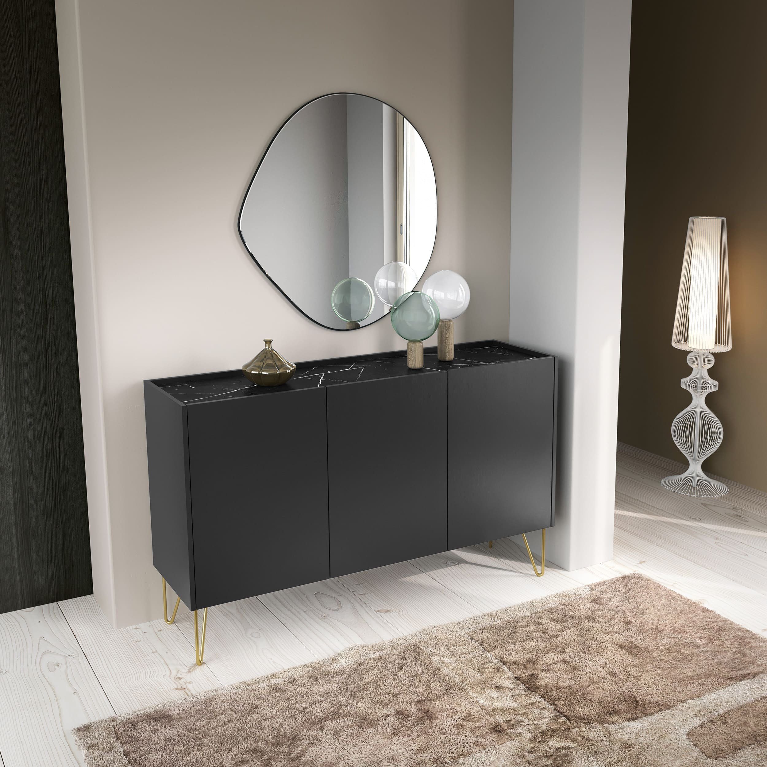 MOEBLO Kommode Harmonix H 144 (Push-to-Open-System Komodenschrank Highboard Schlafzimmer, Platte in schwarz Marmor-Optik Sideboard Wohnzimmer Kommode), (HxBxT):83x144x37