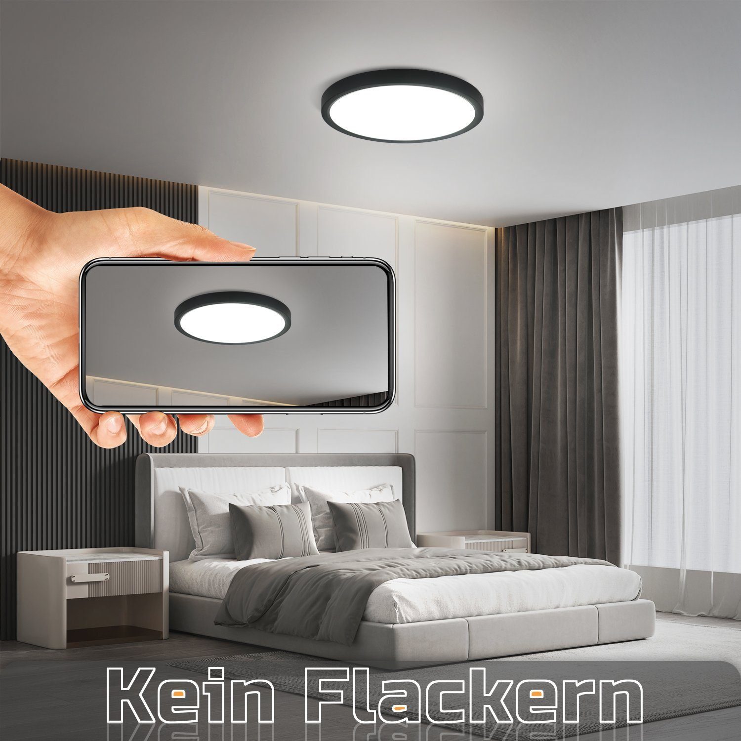 ZMH LED Deckenleuchte einfache 15W LED Design, ∅22cm Nicht Schlafzimmer, Wasserdicht 4000k, IP44 Hochwertige integriert, Selbstmontage Dimmbar, Schwarz fest