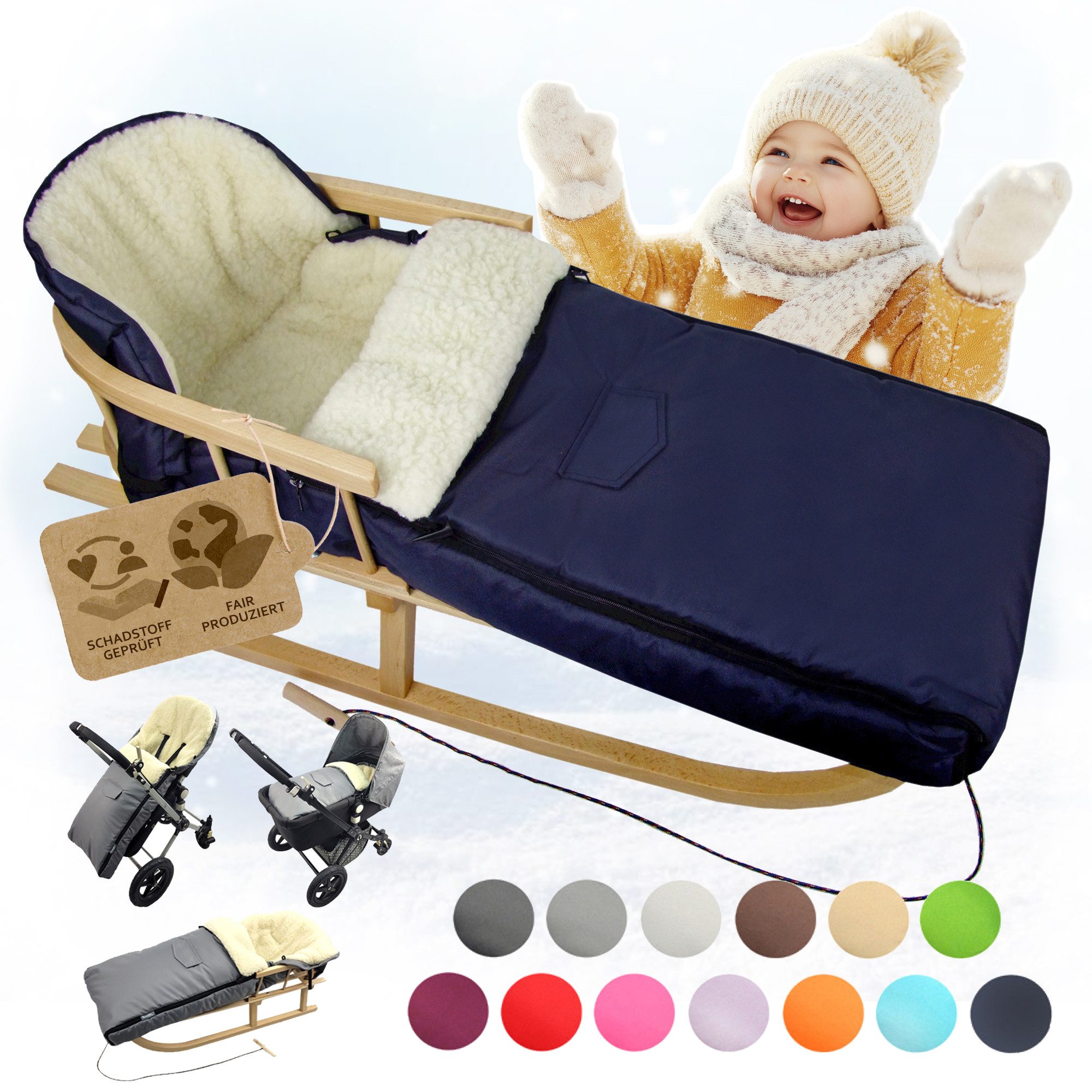 BambiniWelt by Rafael K. Schlitten CE-HOLZSCHLITTEN mit Rückenlehne Zugleine + WINTERFUßSACK Wolle 108cm (universaler Winterfußsack (108cm) + Holzschlitten (90cm), Kombi-Angebot