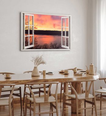 Sinus Art Leinwandbild Wandbild 120x80cm Fensterbild Sonnenuntergang Abendrot See Natur Rot, (1 St)