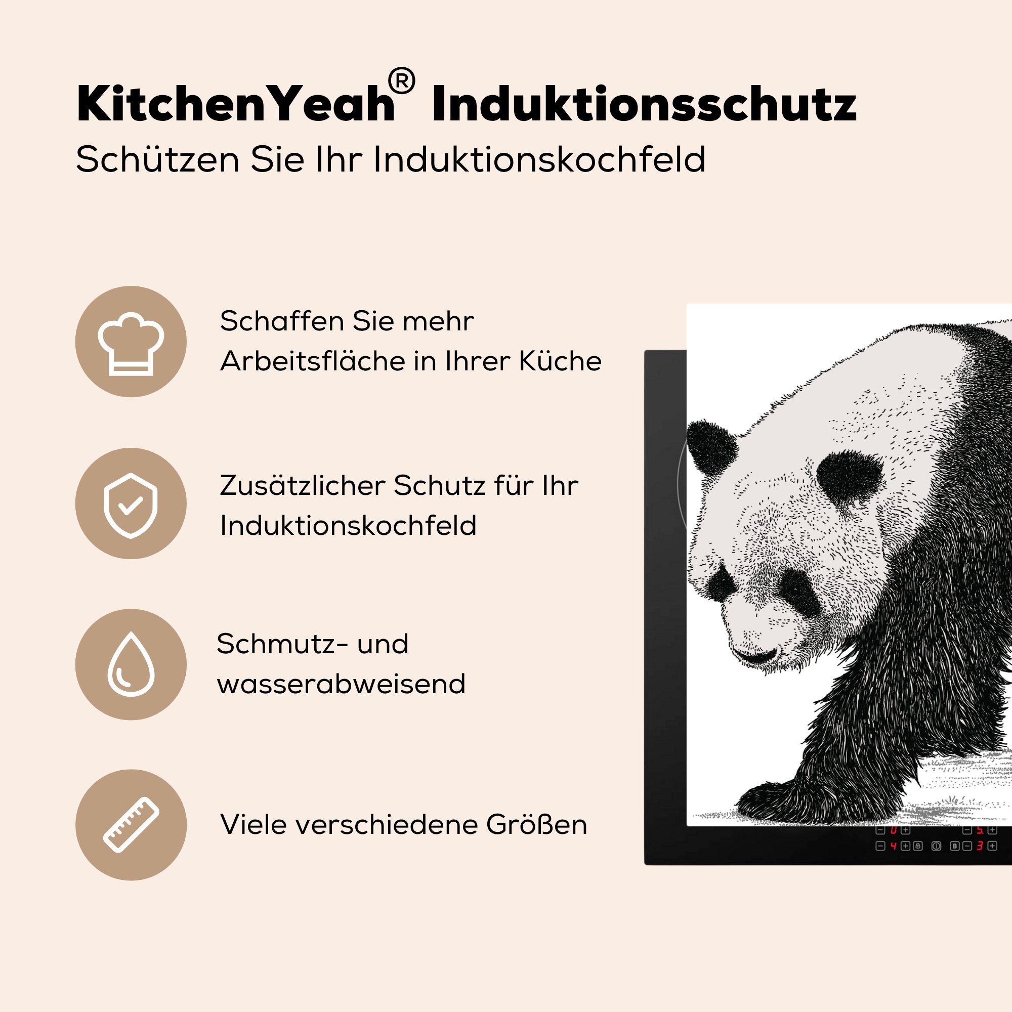 für (1 Weiß, Ceranfeldabdeckung Panda - - MuchoWow - Vinyl, Induktionskochfeld 81x52 die Schwarz cm, Schutz küche, Herdblende-/Abdeckplatte Realismus tlg),