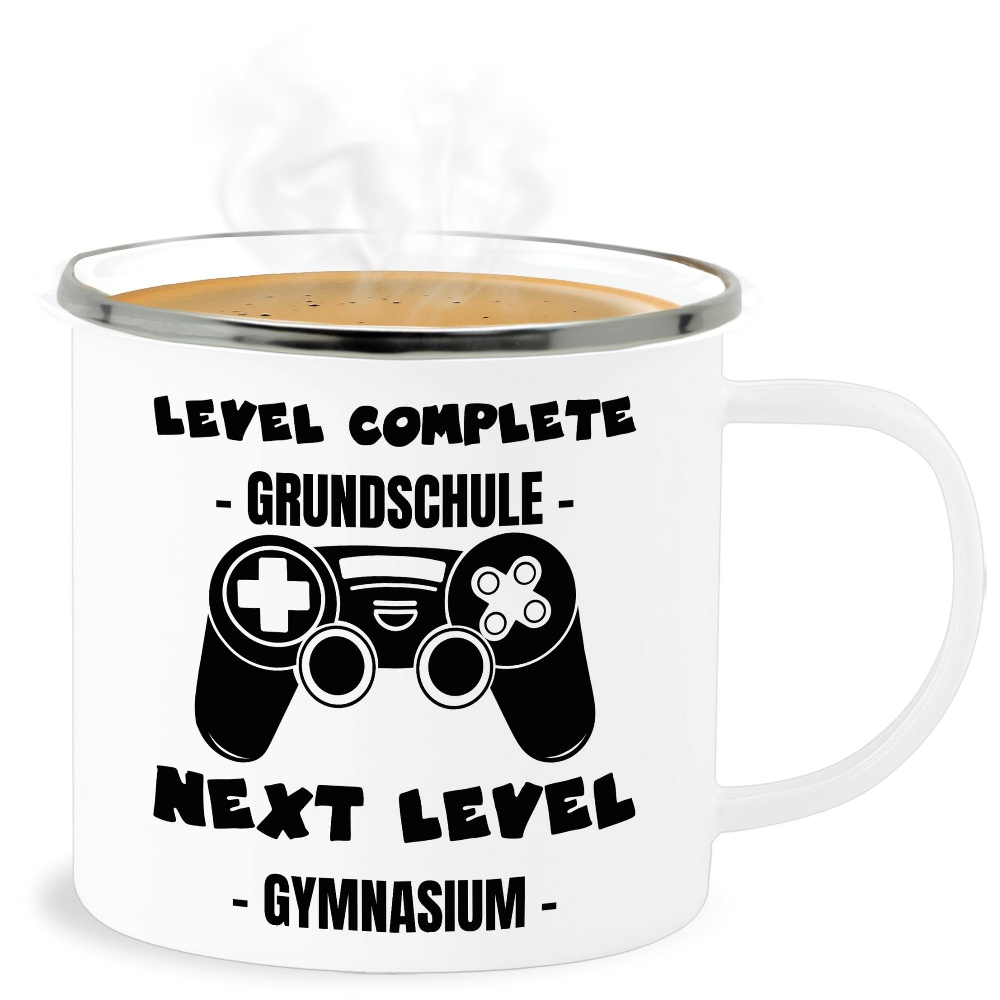 Shirtracer Becher Level complete - next level Gymnasium, Stahlblech, Einschulung Geschenk Tasse 3 Weiß Silber