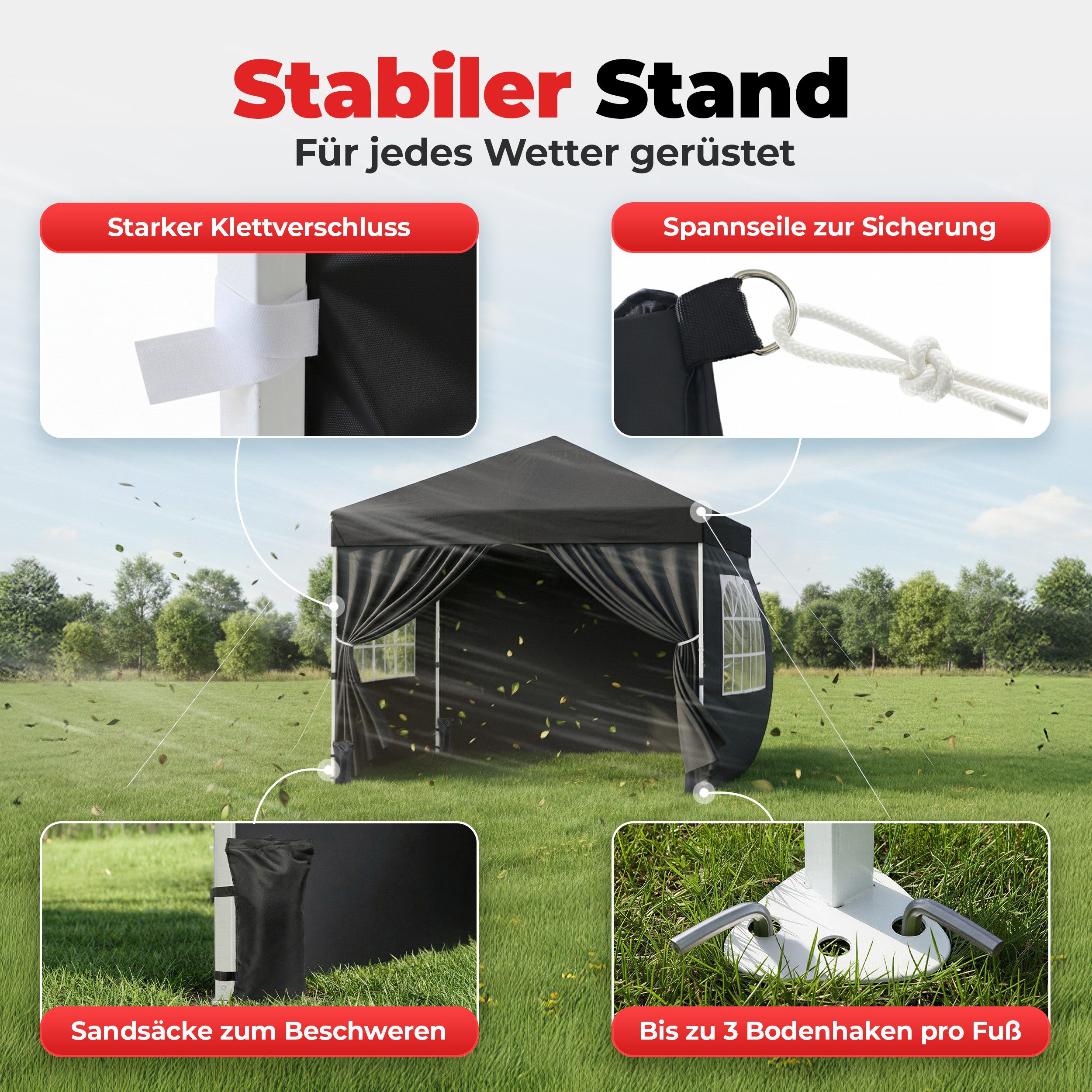 Onbest Pavillon Partyzelt Faltpavillon, patentiertes Quick-Up Aufbau in 1min, 3x3 m, mit 4 Seitenteilen, mit 4x Sandsäcke, 100% Wasserdicht, UV50+, mit Trolley – Bild 4 von 5