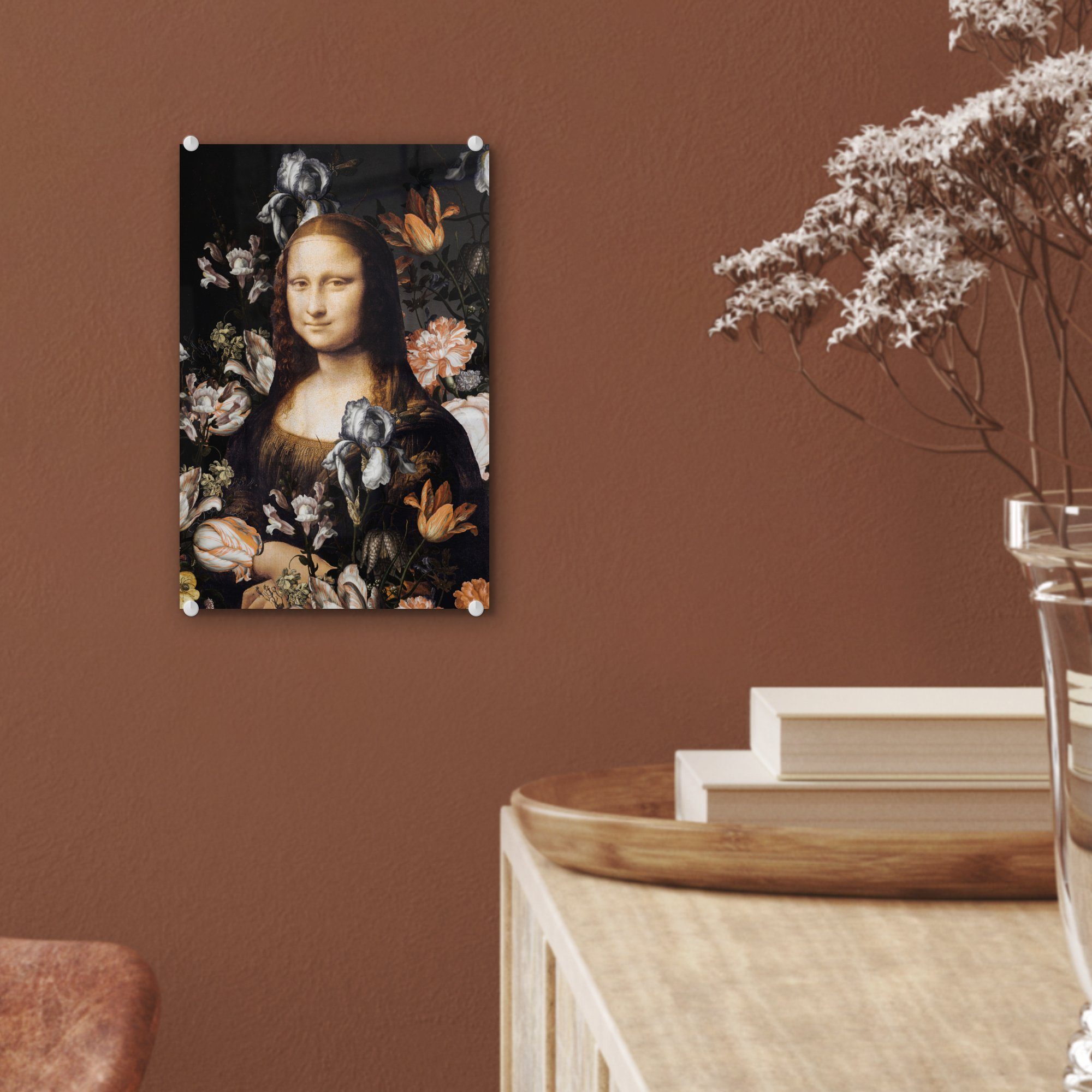 MuchoWow Acrylglasbild Mona St), Bilder Glas - Lisa - Wandbild Leonardo bunt Blumen, auf Wanddekoration Foto Glas - Vinci Glasbilder da auf - - (1
