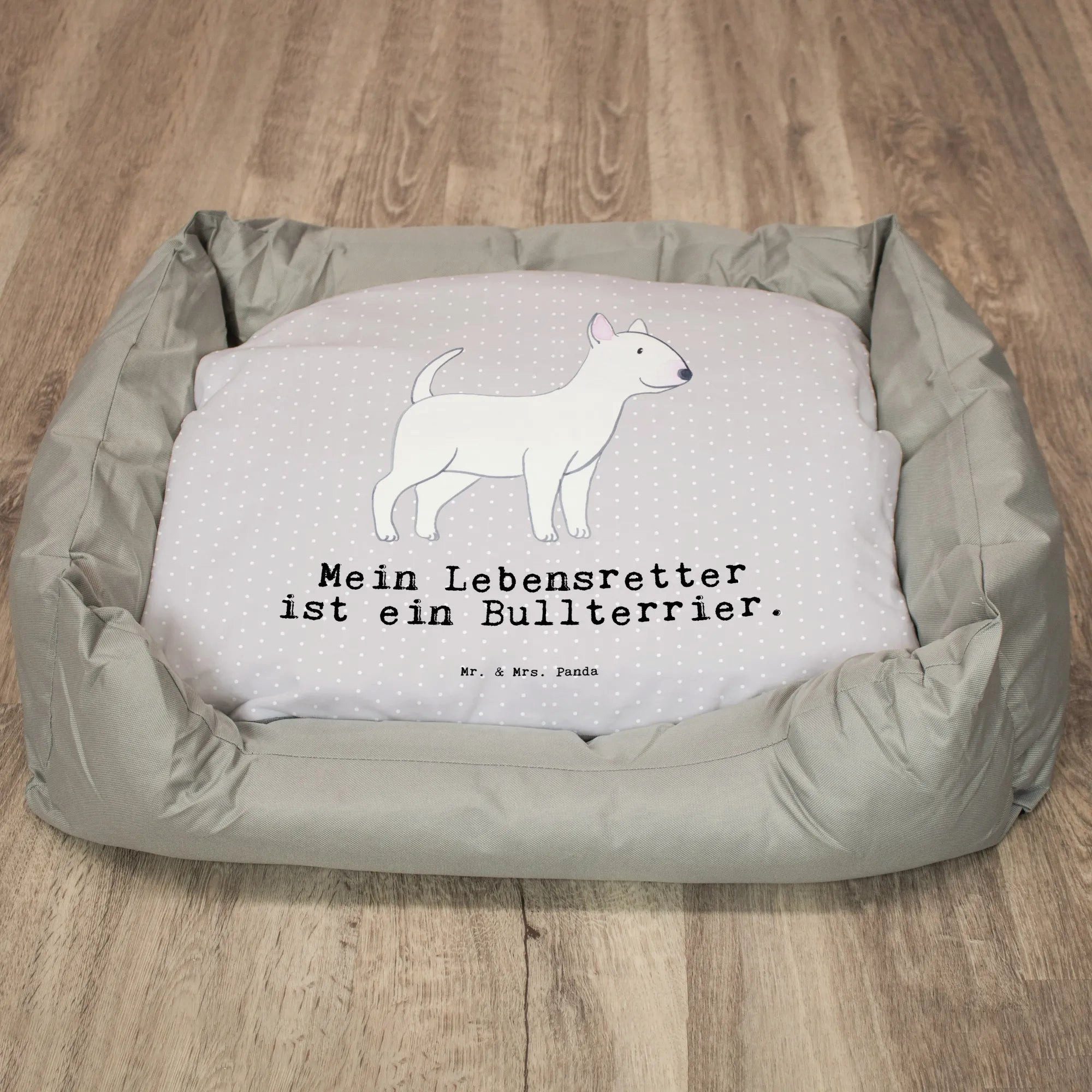 Thumbnail - Mr. & Mrs. Panda Tierbett Bullterrier Lebensretter - Grau Pastell - Geschenk, Hund, Hundemöbel, Zeitlos elegant